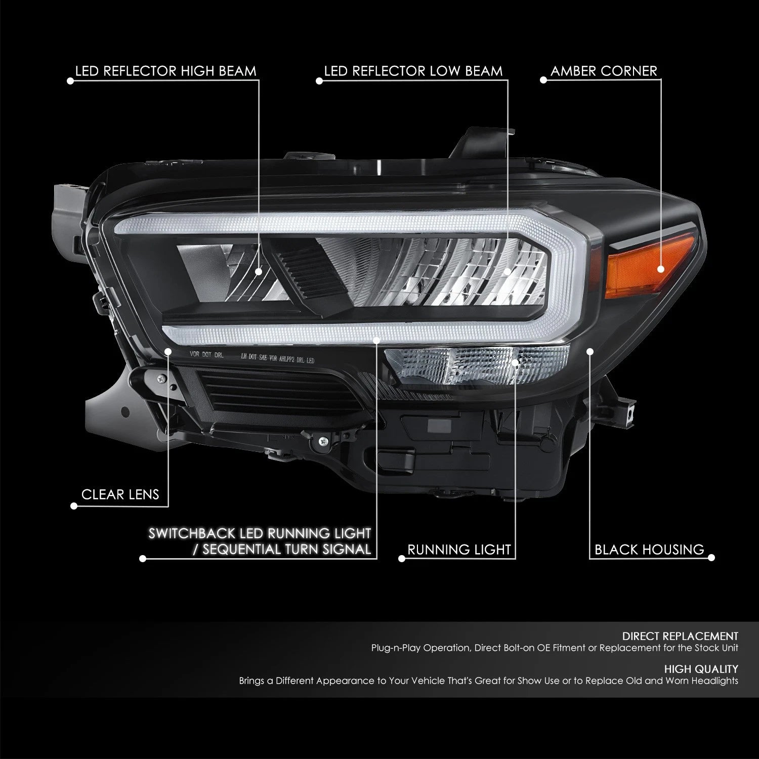 Driver Left Side Headlight for Toyota Tacoma (2020–2023) - Black Housing, Amber Corner