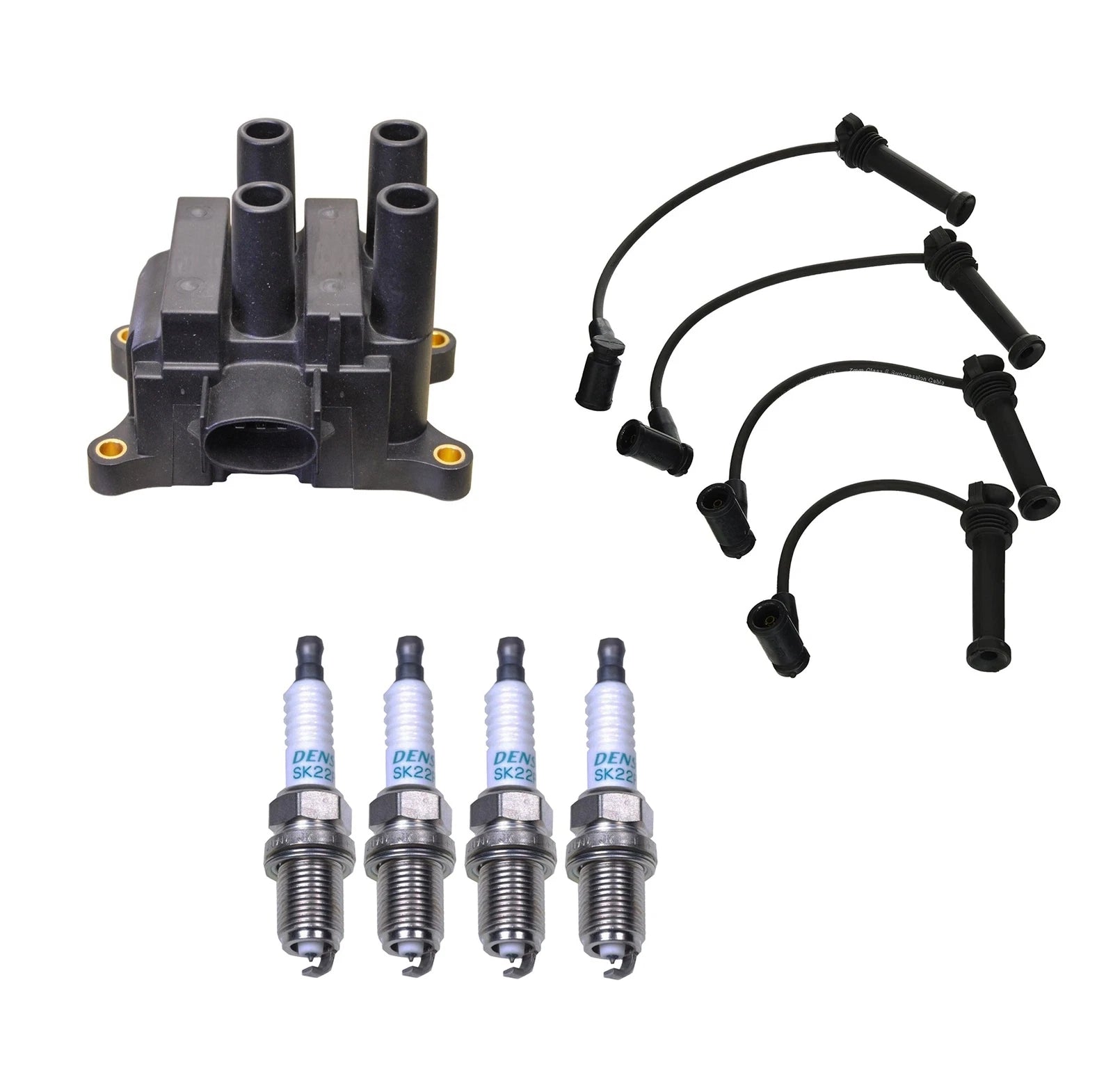 Set of 4 Denso Ignition Coil Wire & Iridium Spark Plugs for Mazda 2.3 L4 (2006–2009)