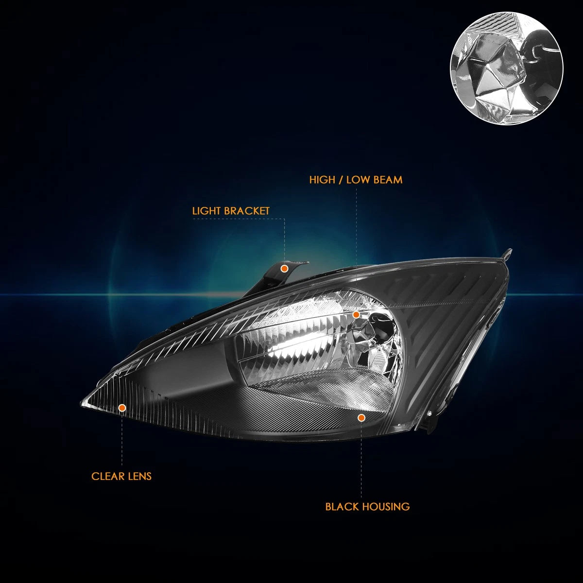Headlights for Ford Focus (2003–2004) OE Factory Style Black Housing Clear Corner