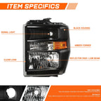 Headlights for Ford E150/250/350/450/F650/F750 (2008–2021) Black/Amber