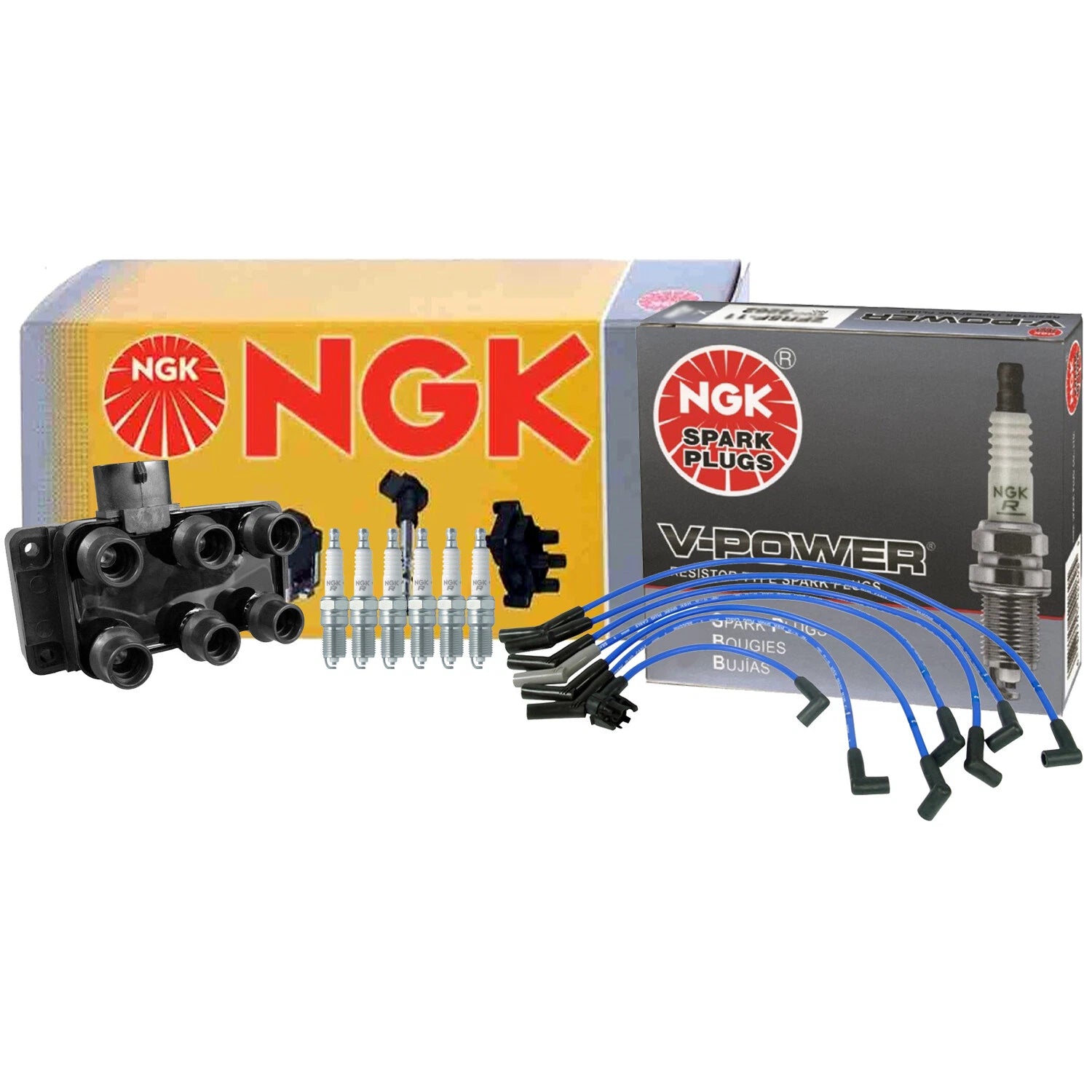 Set of 6 NGK DIS Ignition Coil Wires & V-Power Spark Plugs for Ford Mazda 3.0