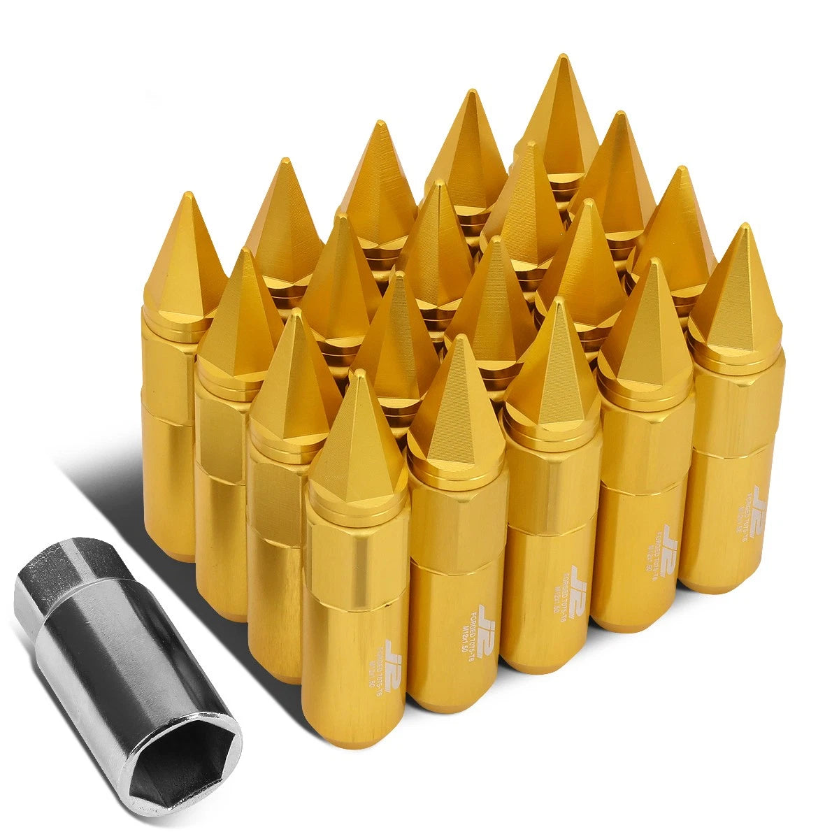 Set of 20 J2 7075 Forged Aluminum M12x1.5 Spiky Cap Lug Nuts w/Adapter Gold