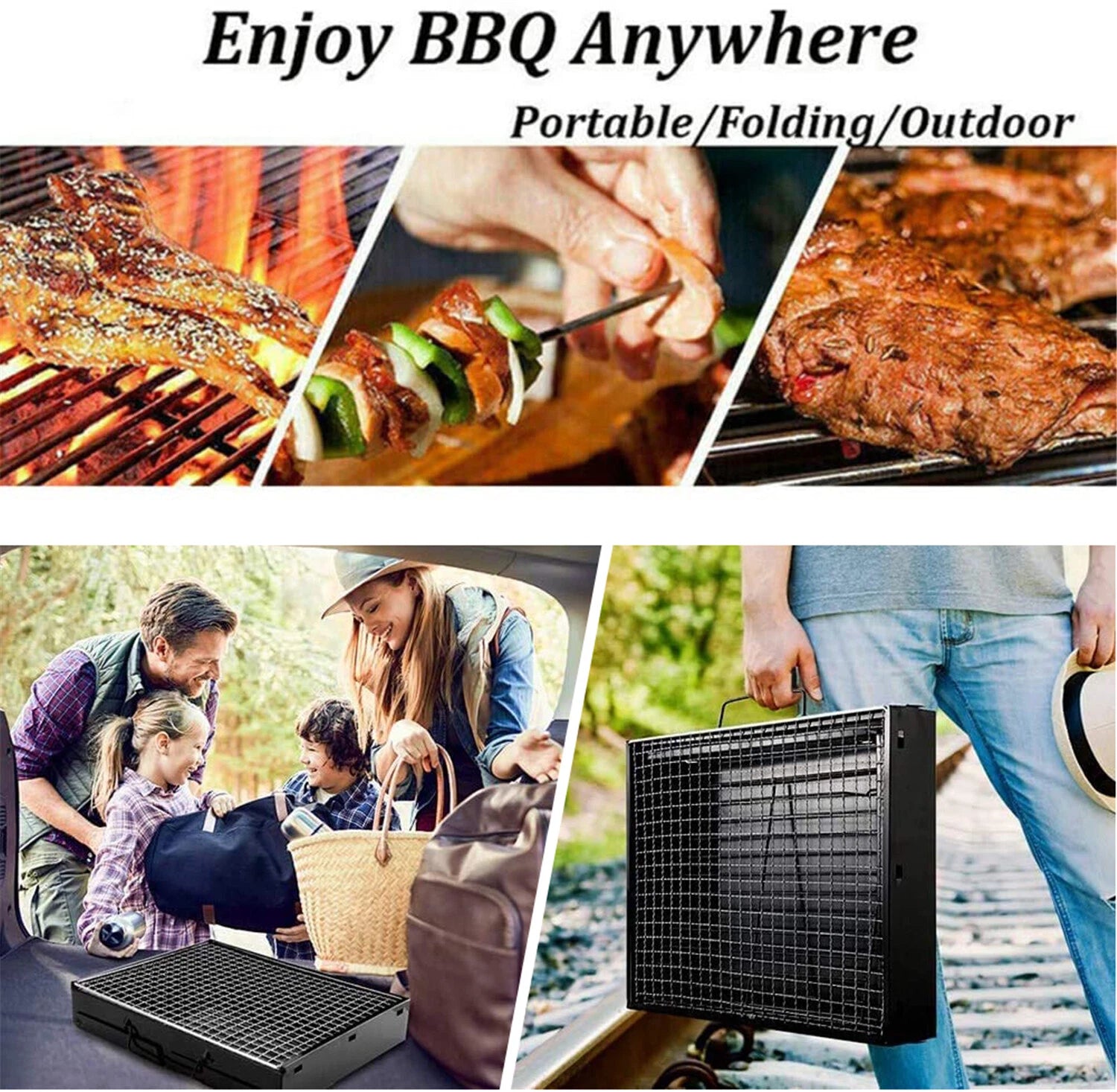 Set of 4 Stainless Steel BBQ Grill Skewers for Patio Camping