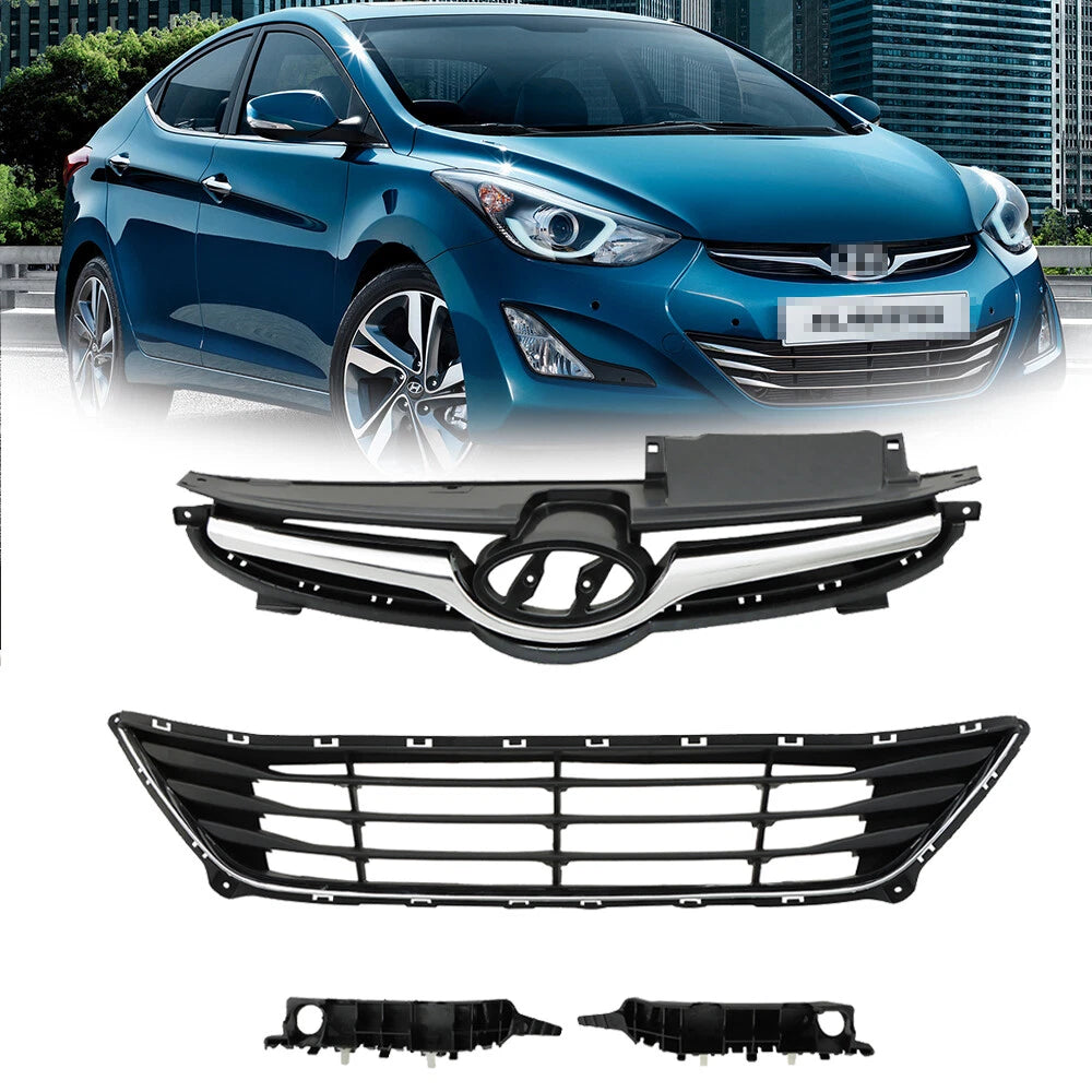 Set of 2 Front Upper Lower Grilles & Bumper Brackets for Hyundai Elantra (2014–2016)