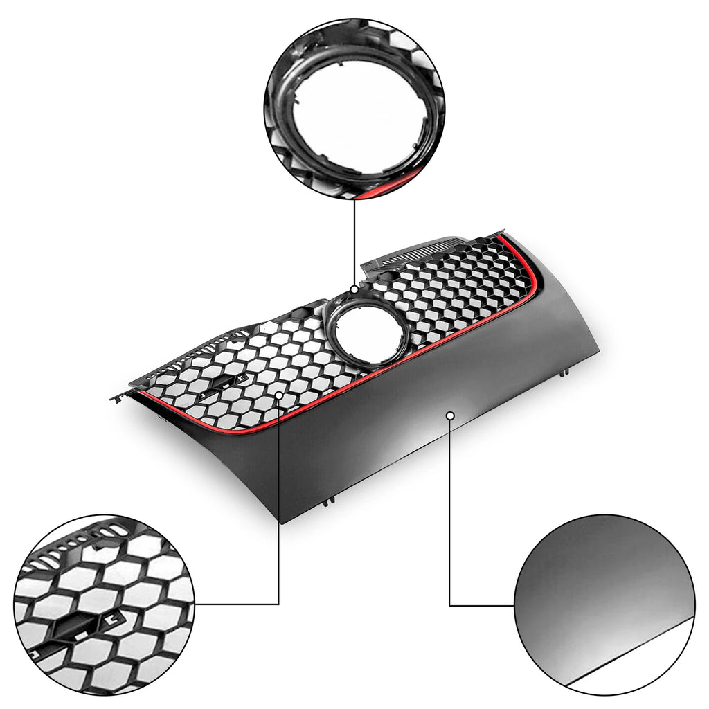Front Upper Mesh Grille for VW Mk5 GTI Jetta (2006–2009) Matte Black Red Trim