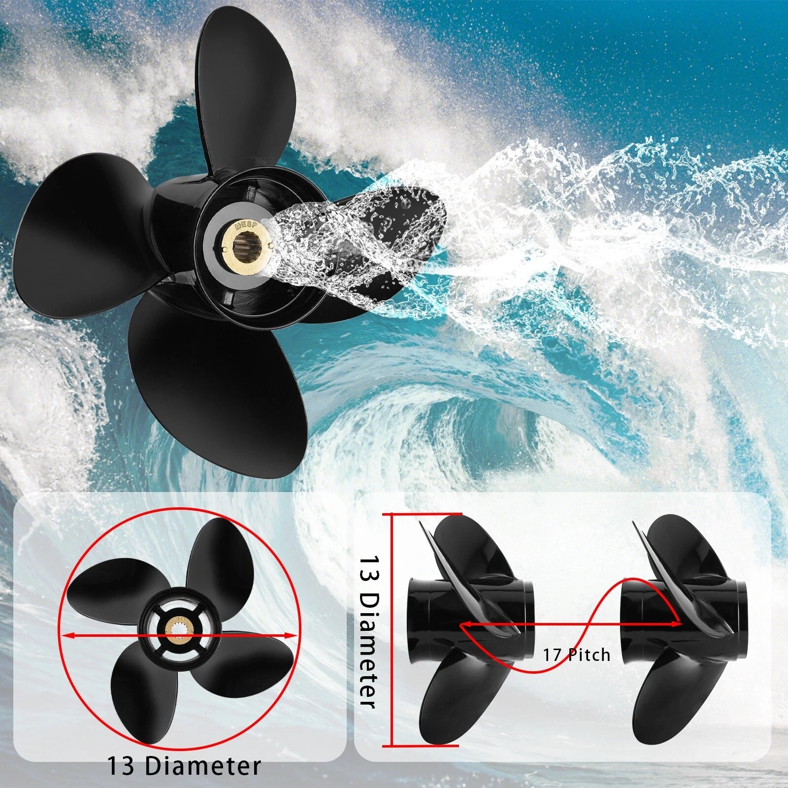 4-Blade Outboard Prop for Mercury 40-140HP (13 x 17, 15 Spline, RH) NO.48-8M8026590