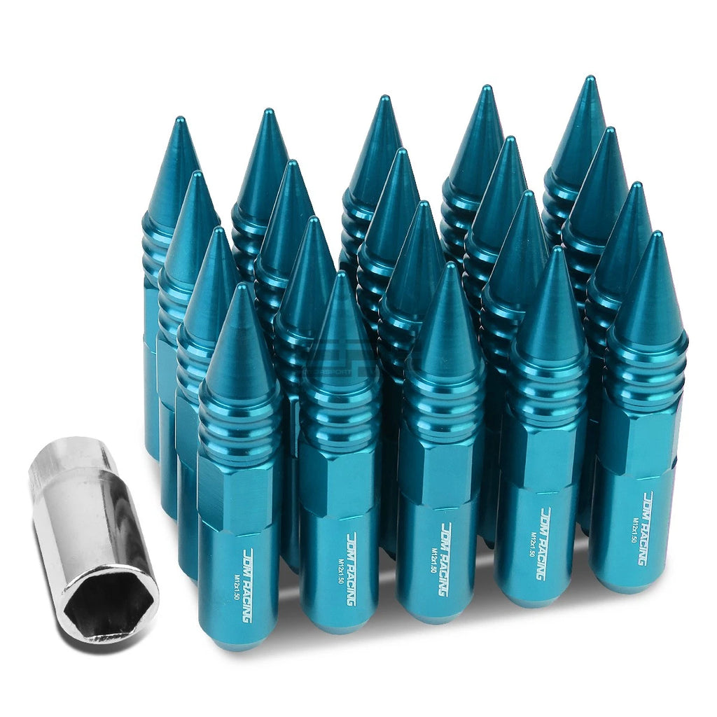 Set of 20 M12X1.5 107mm Tall Sky Blue Aluminum Spiked Lug Nuts + Adapter