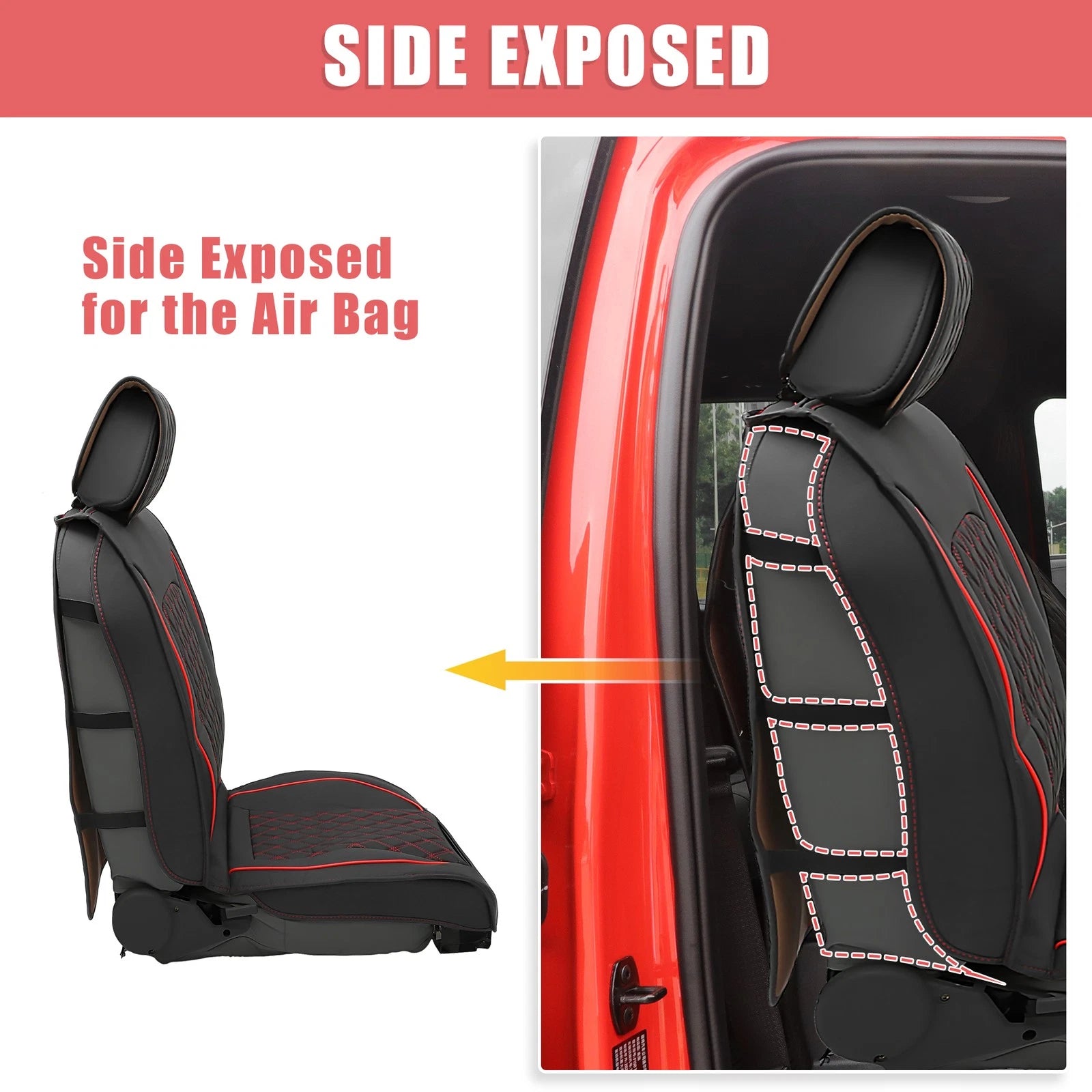 Set of 5 Front Rear Seat Covers Pads for Dodge Ram 1500 (2009–2023) Black Red