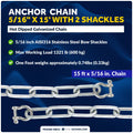 5/16" x 15' Galvanized Steel Boat Anchor Lead Chain with Shackles