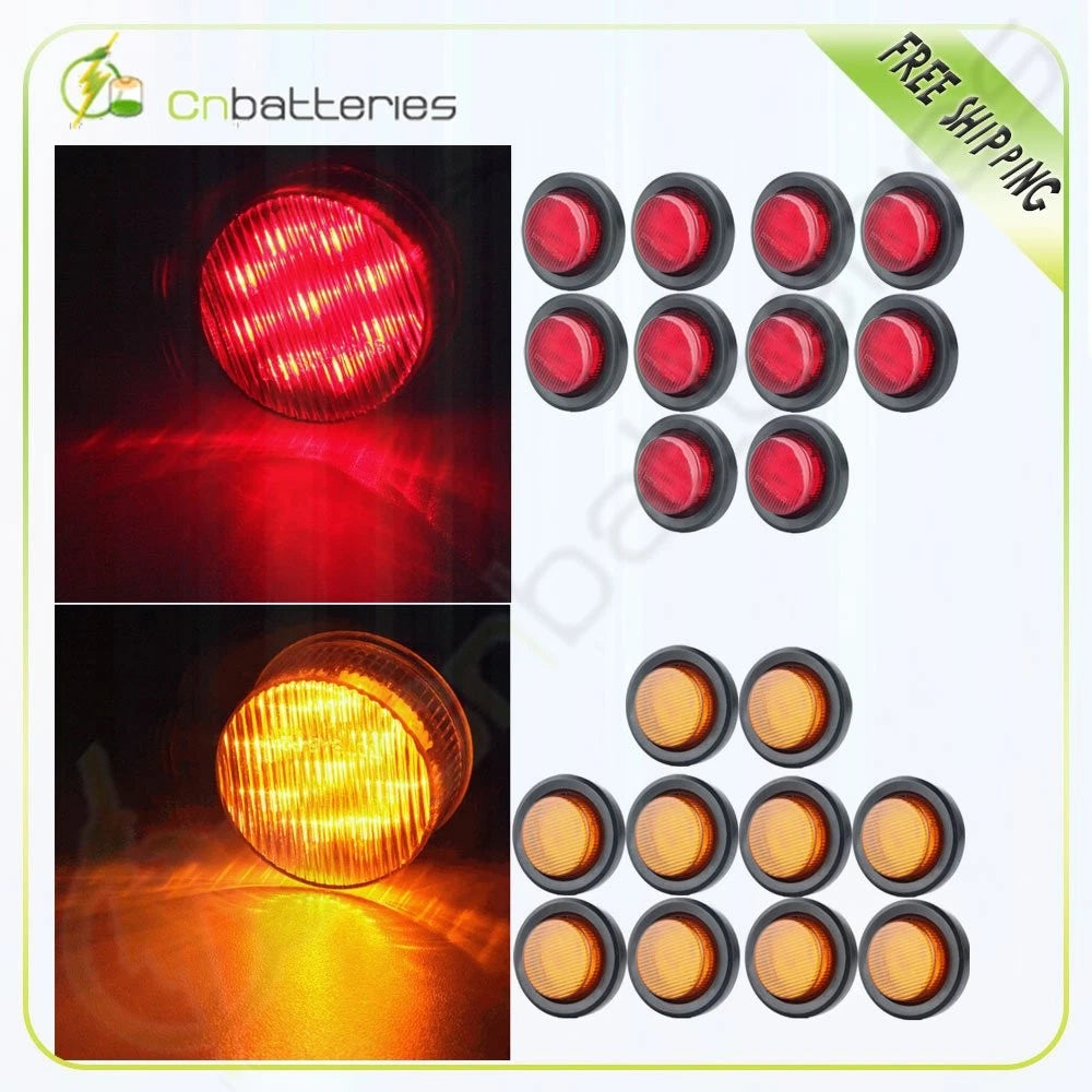 Set of 10 Red & Amber Sealed Round 2" Side Marker Lights for Trailer RV (12V)