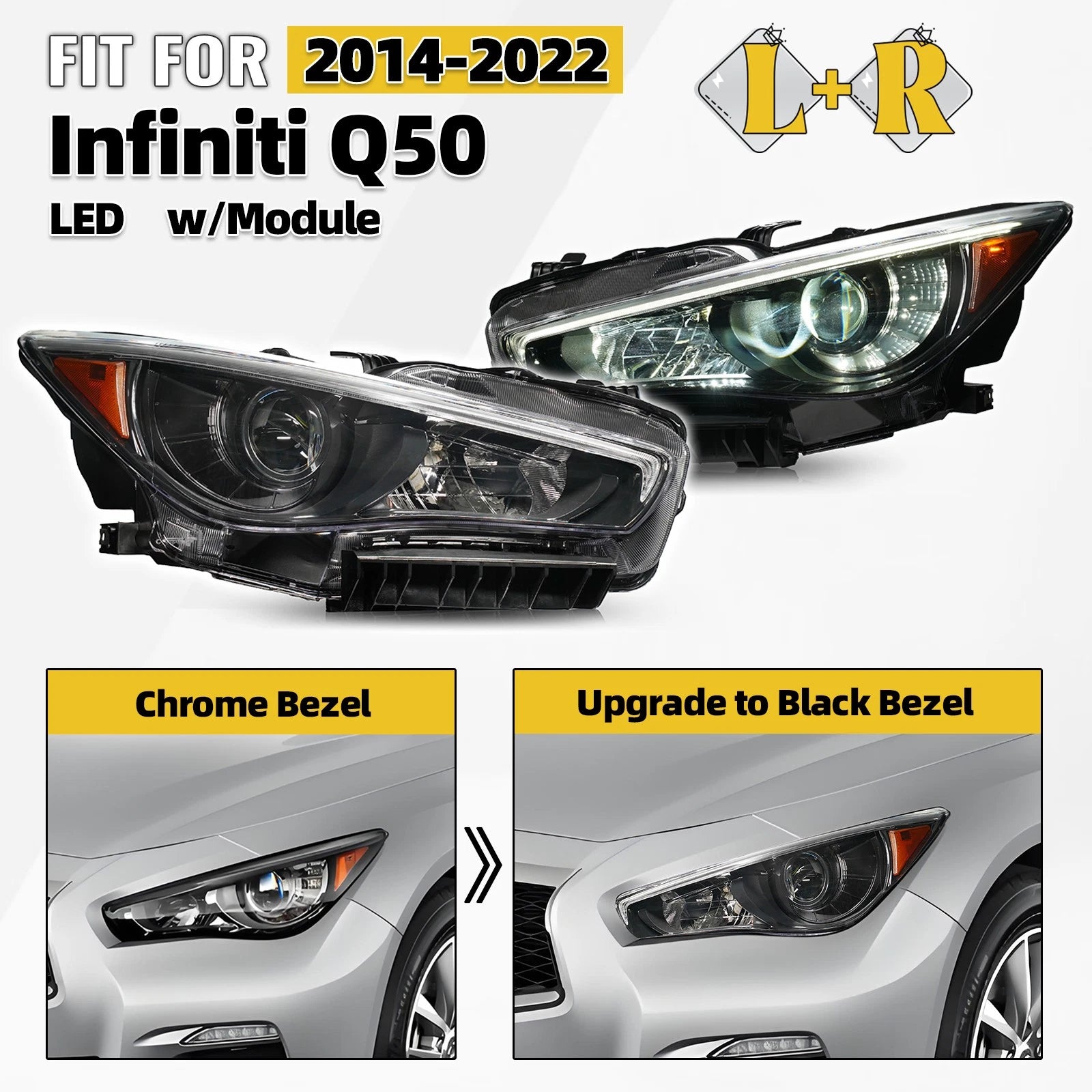 Set of 2 JDM Black LED Headlights for Infiniti Q50 (2014–2022) w/o AFS