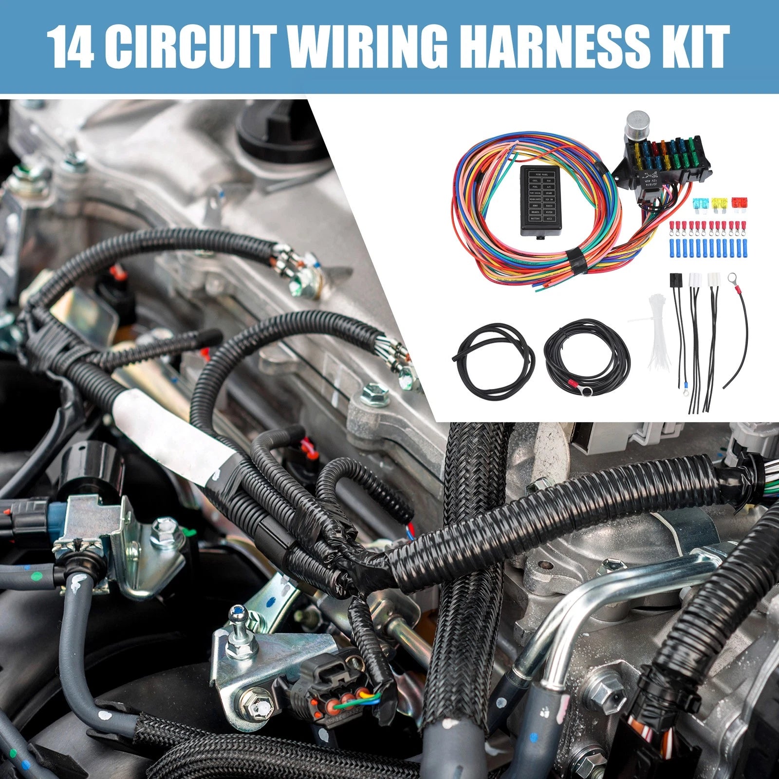 Set of 1 Universal 14 Circuit Wiring Harness Kit with Fuses for GM, Ford