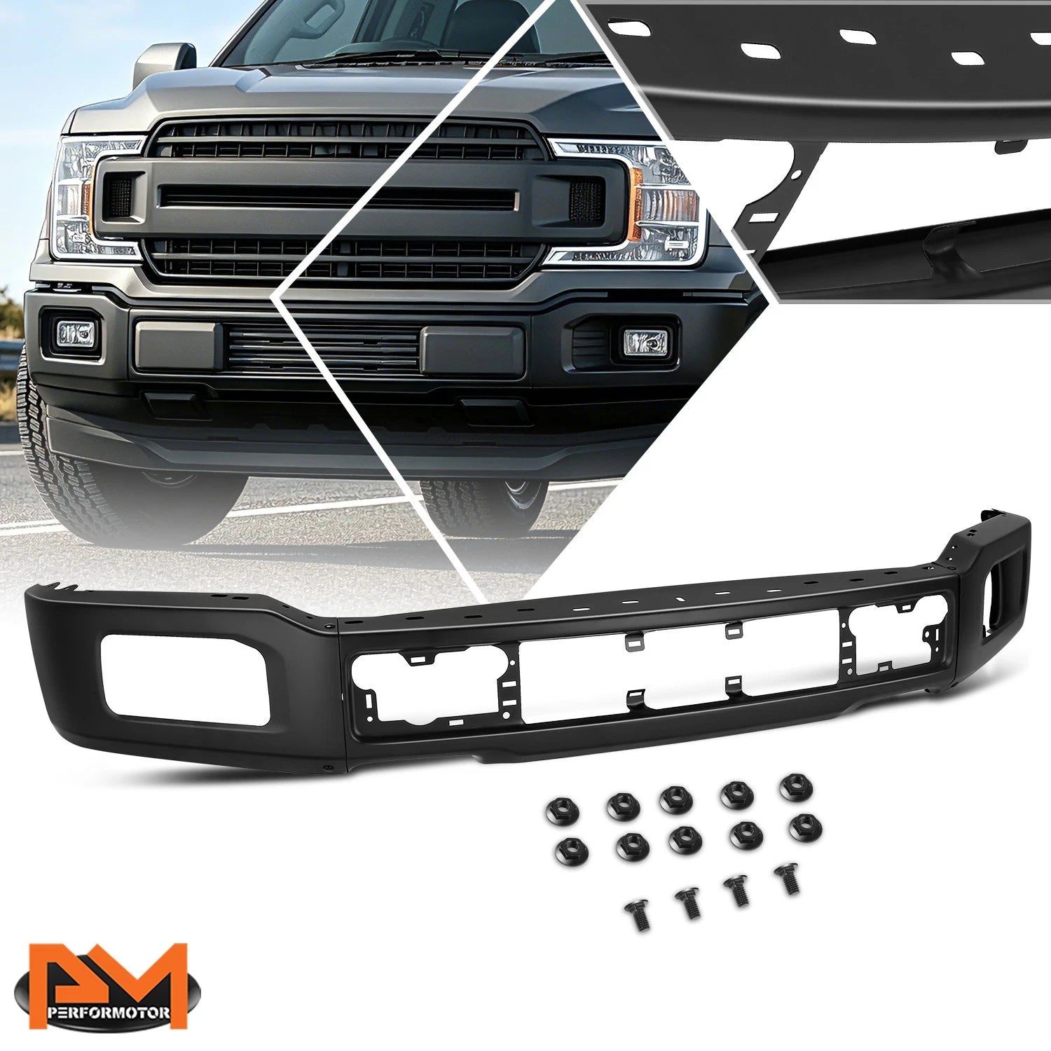 Steel Front Bumper Face Bar for Ford F-150 (2018–2020) w/ Fog Light Holes Black