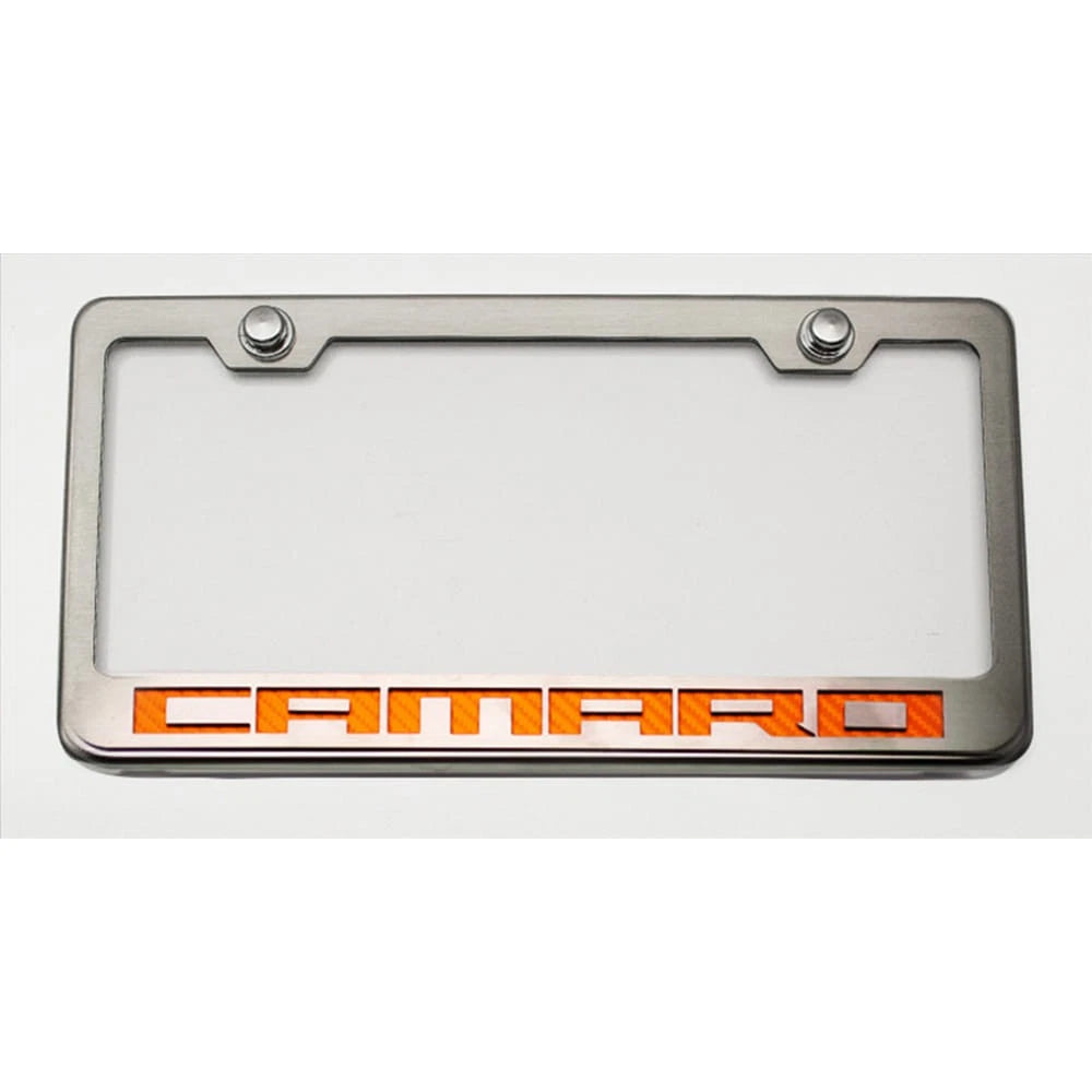 Polished Plate Frame w/Orange LED&"Camaro"&Brushed Face for 2010-13 Chevy Camaro
