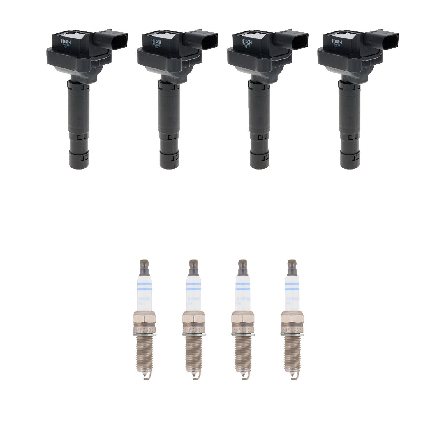 Set of 4 Ignition Coils & Spark Plugs for C250 1.8 L4 (Hitachi, Bosch)