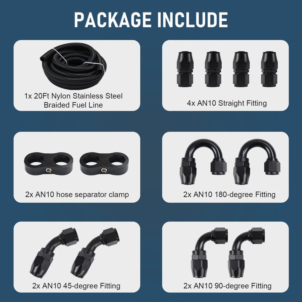 Fuel Line Hose Fitting Kit for Universal Applications (20FT, 10AN, 5/8")