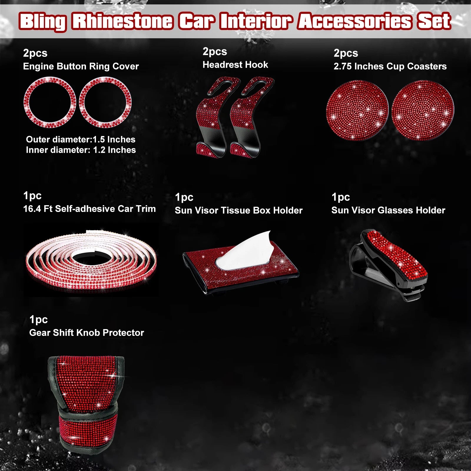 Diamond Engine Button Ring Gear Shift Cover Decoration Kit for Car (2010-2020)