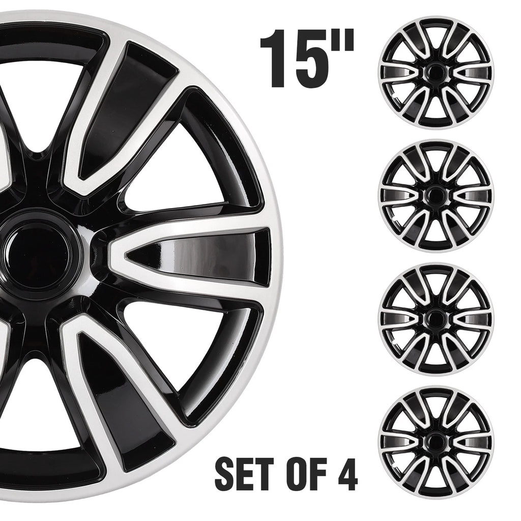 Set of 4 Wheel Hub Caps for R15 Tire (15" Inch) Black & White