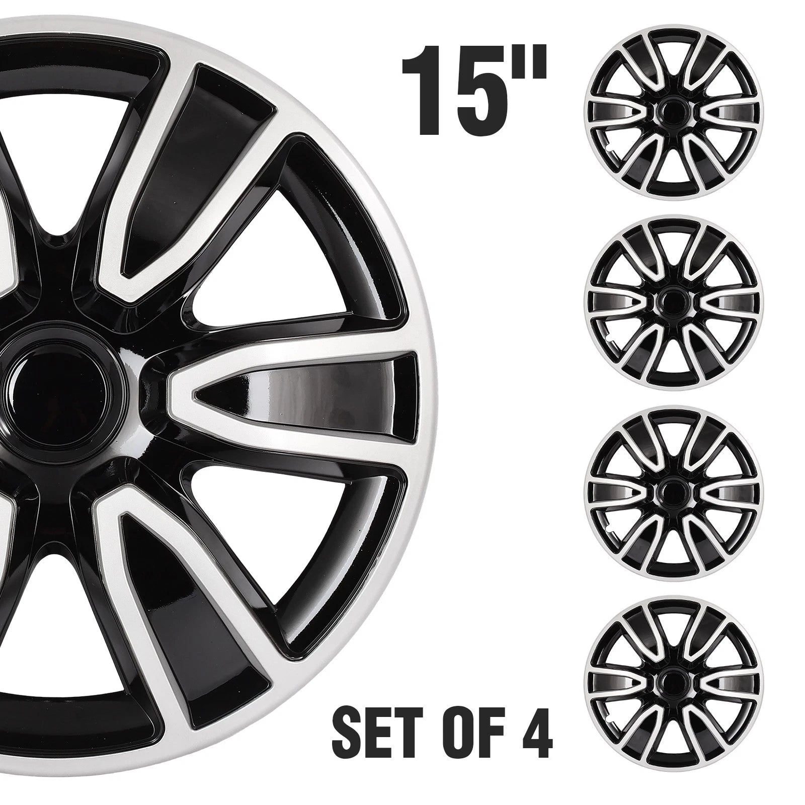 Set of 4 Wheel Hub Caps for R15 Tire (15" Inch) Black & White