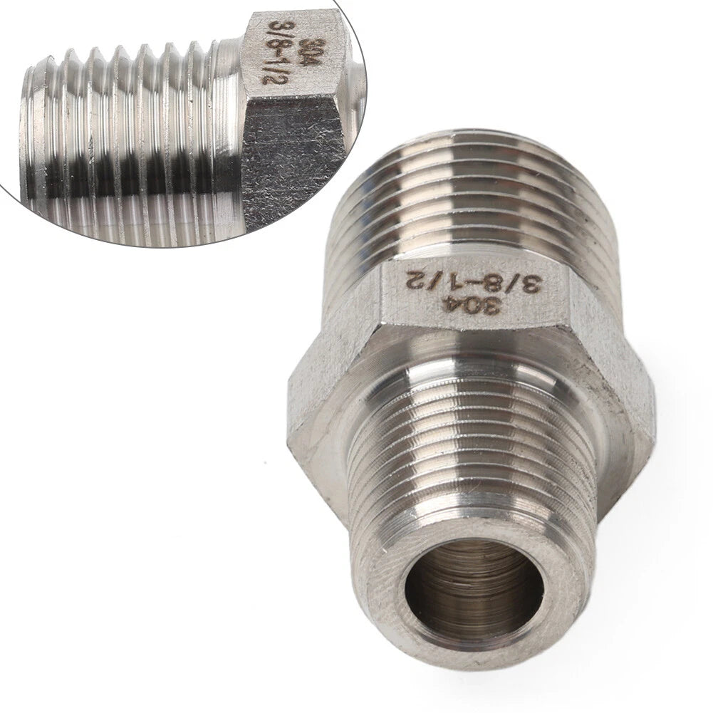 3/8" BSPP Male to 1/2" NPT Male 304 Stainless Hex Nipple Pipe Fitting