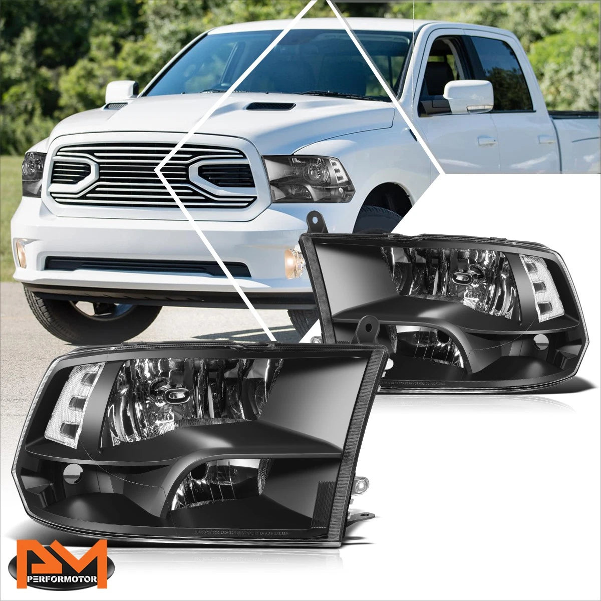 Factory Style Headlights for Dodge Ram 1500-3500 (2009–2012) - Clear Corner Black