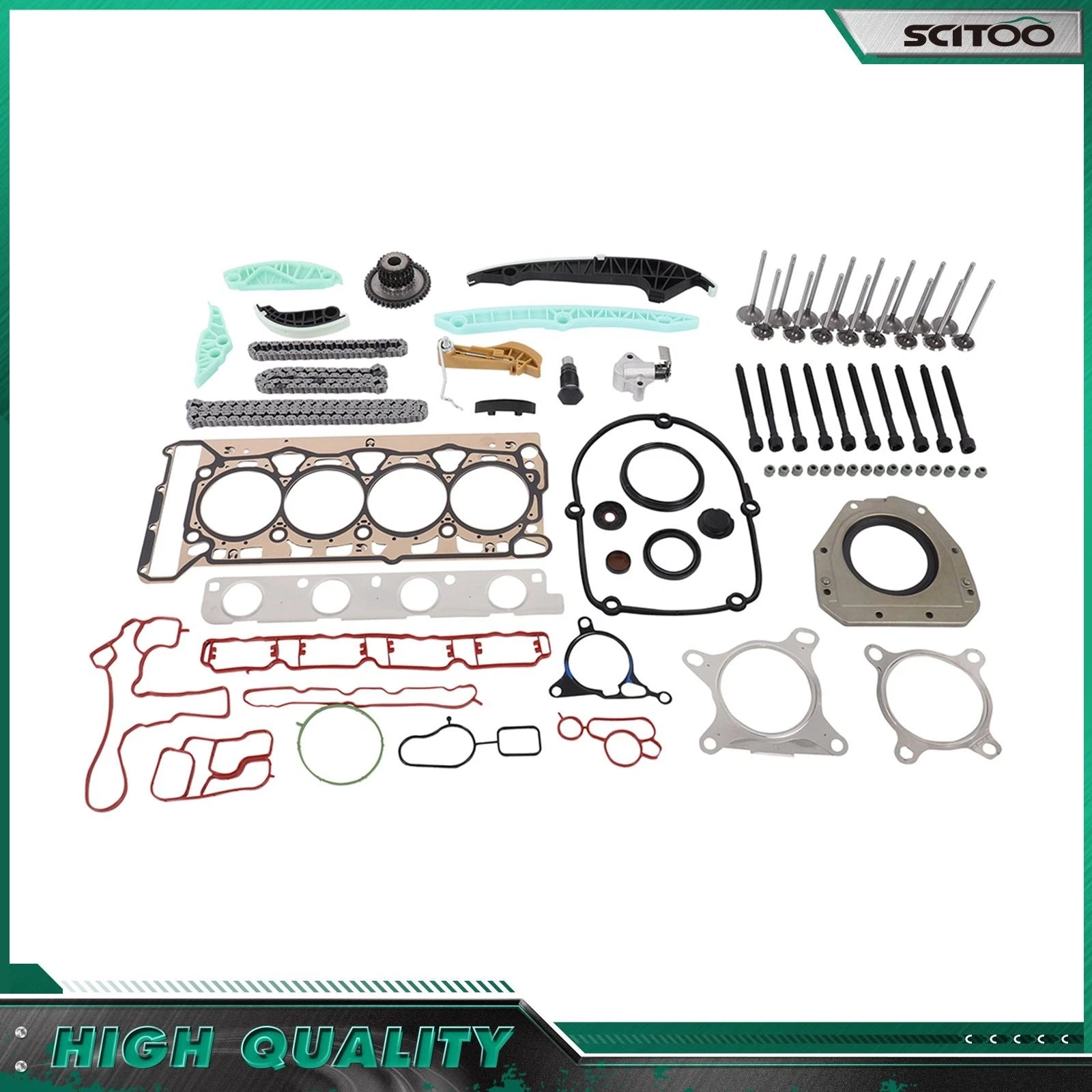 Timing Chain Head Gasket Set with Intake Exhaust Valves for Audi VW 2.0 TSI Jetta