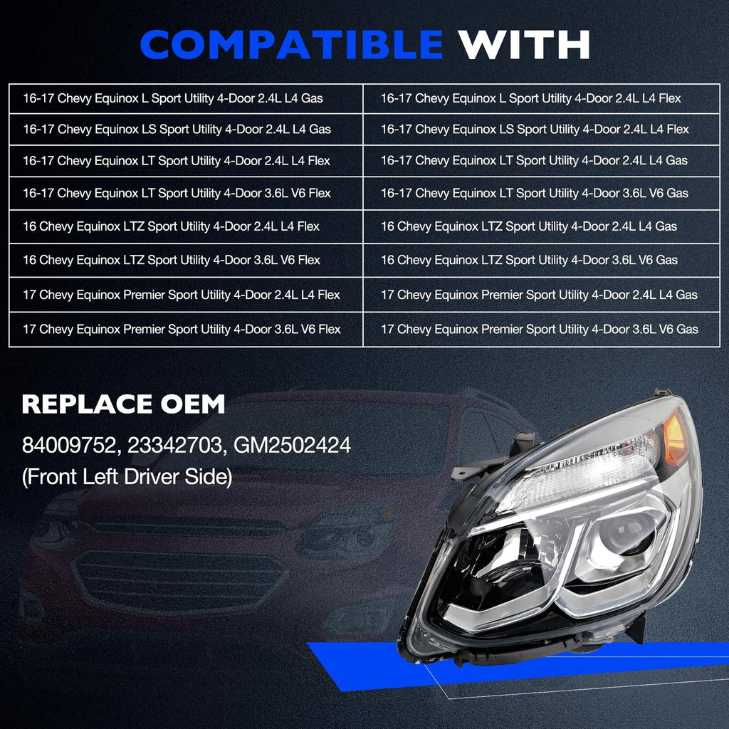 Halogen Chrome Headlight Assembly for Chevy Equinox (2016-2017)