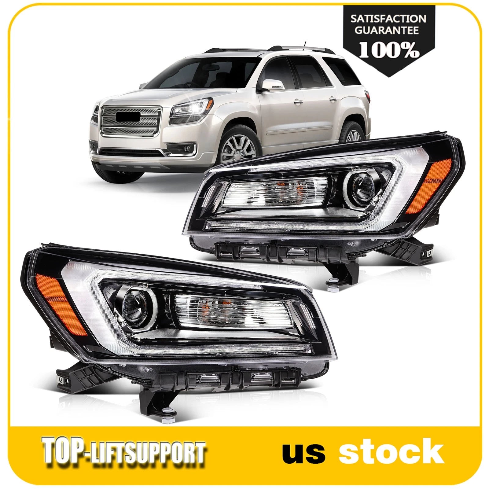 Pair of LED Headlight Assemblies for GMC Acadia (2013–2016) Black Housing