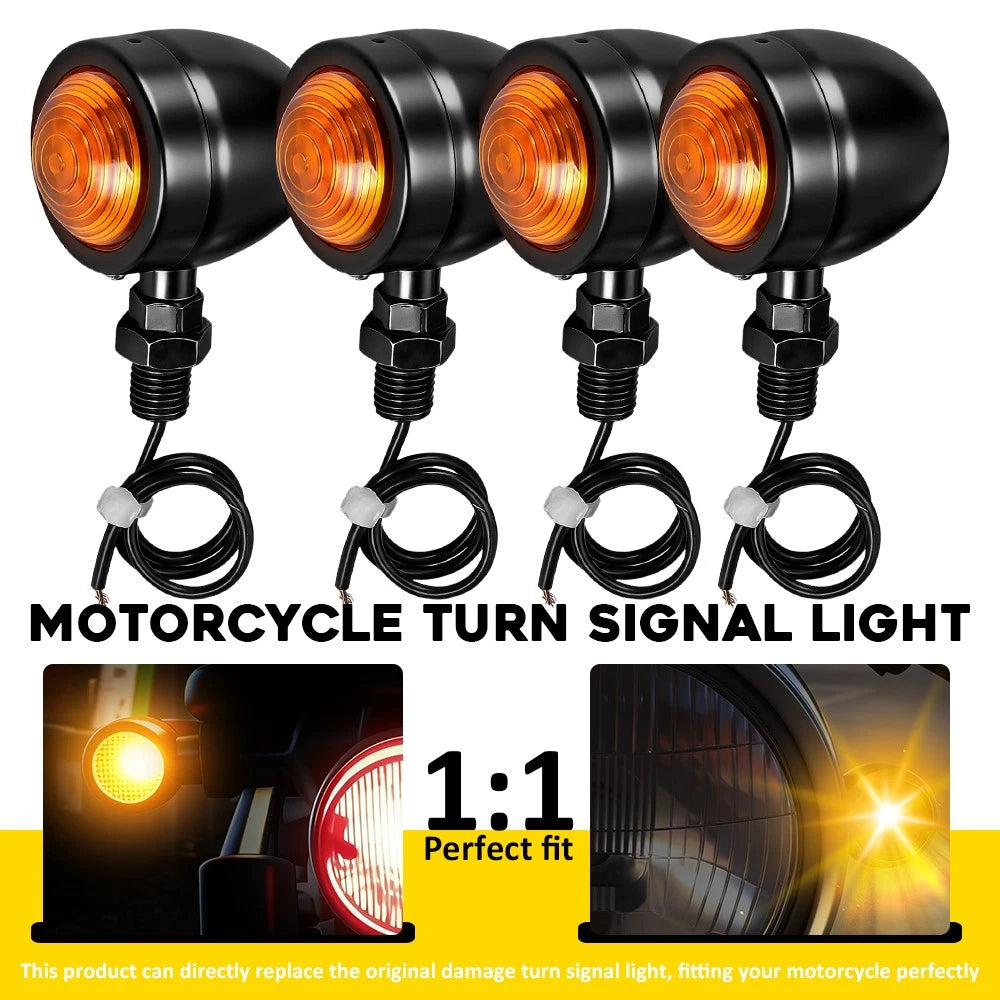 4X Black Amber Turn Signal Lights for Universal Motorcycles (12V)