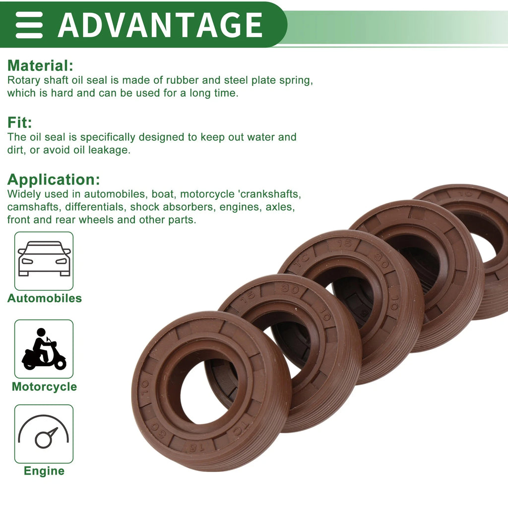 Oil Seal FKM Rubber 15x30x10mm for Various Models (5 Pcs)