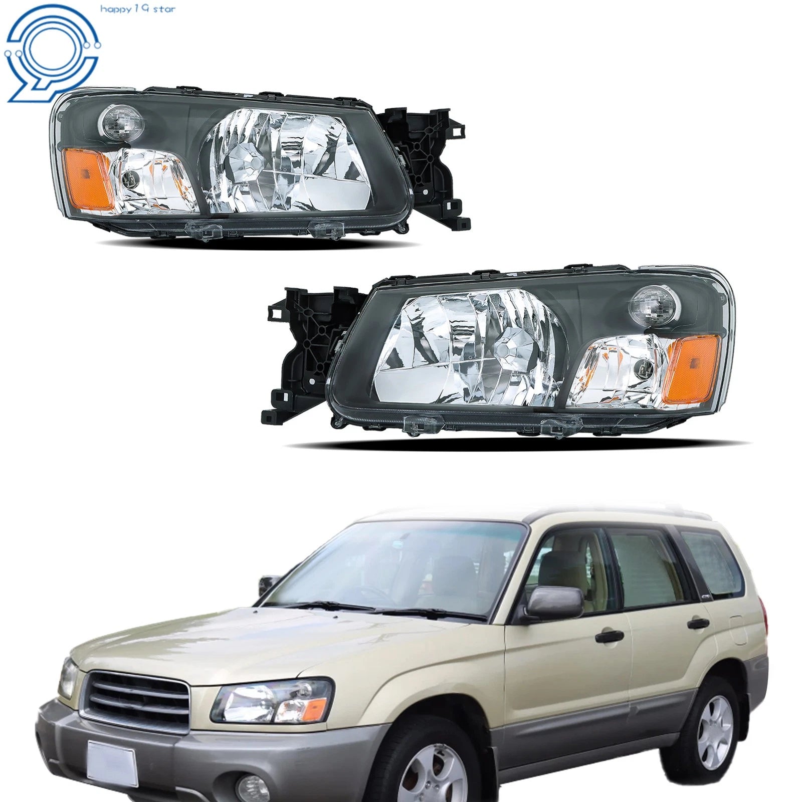 Set of 2 Halogen Headlights for Subaru Forester (2003–2004) Black Housing