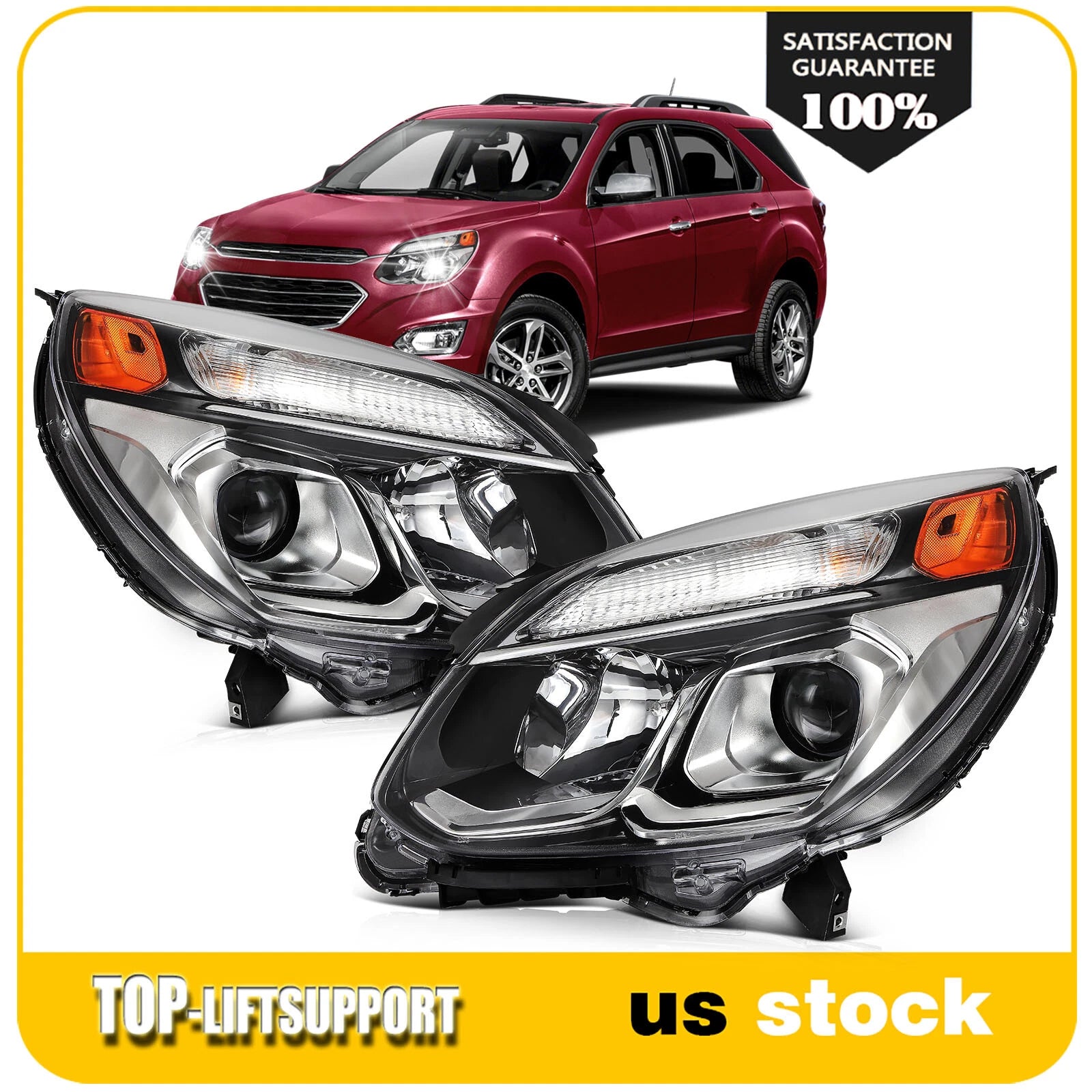2Pcs Headlight Assembly for Chevy Equinox (2016–2017) Chrome Housing