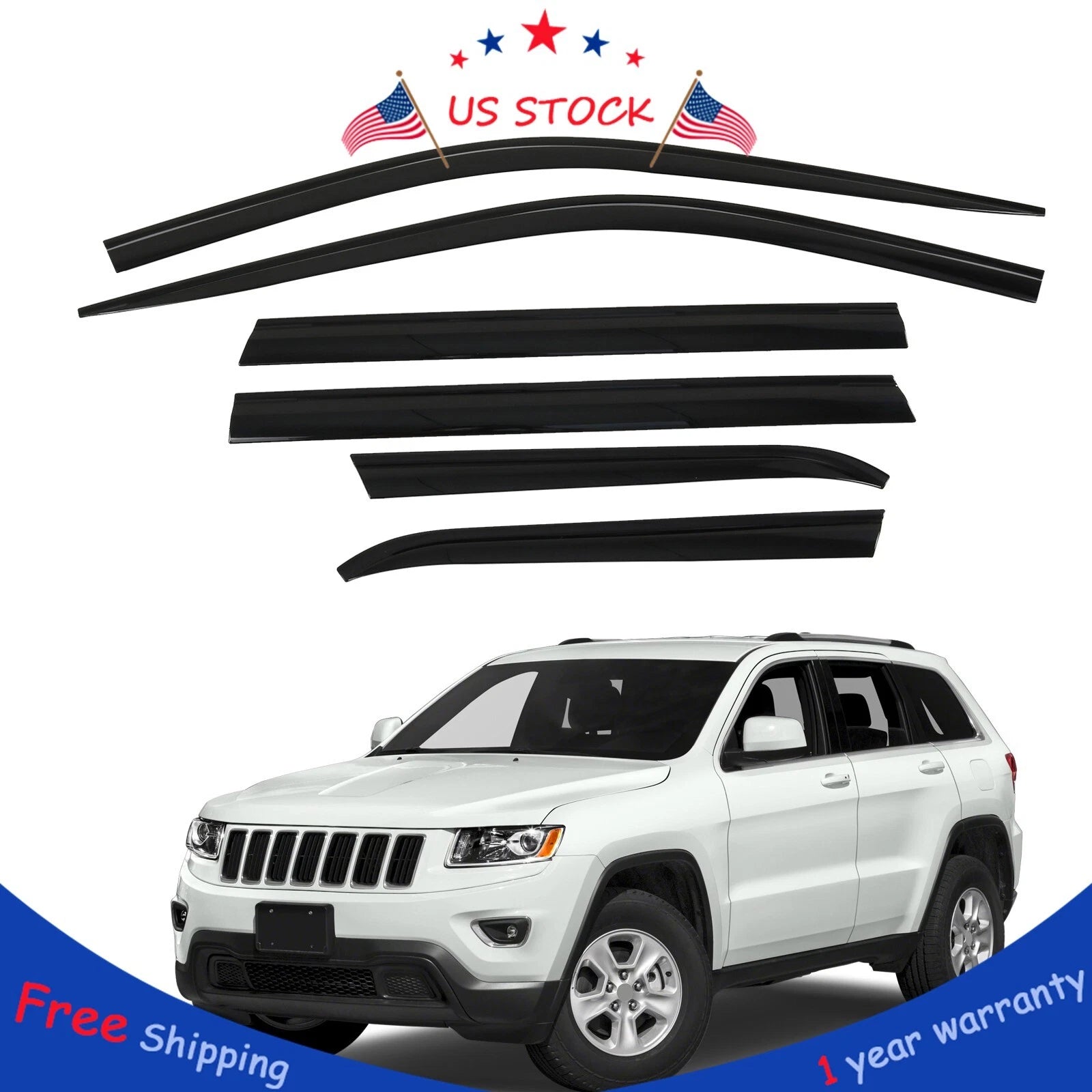 Set of 6 Smoke Door Visor Window Vent Deflectors for Jeep Cherokee (2015–2022)