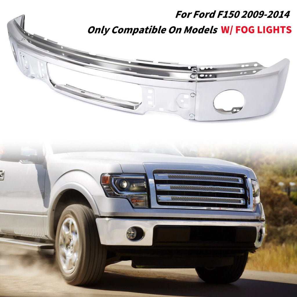 Chrome Steel Front Bumper Face Bar w/Fog Light Hole for Ford F-150 (2009–2014)