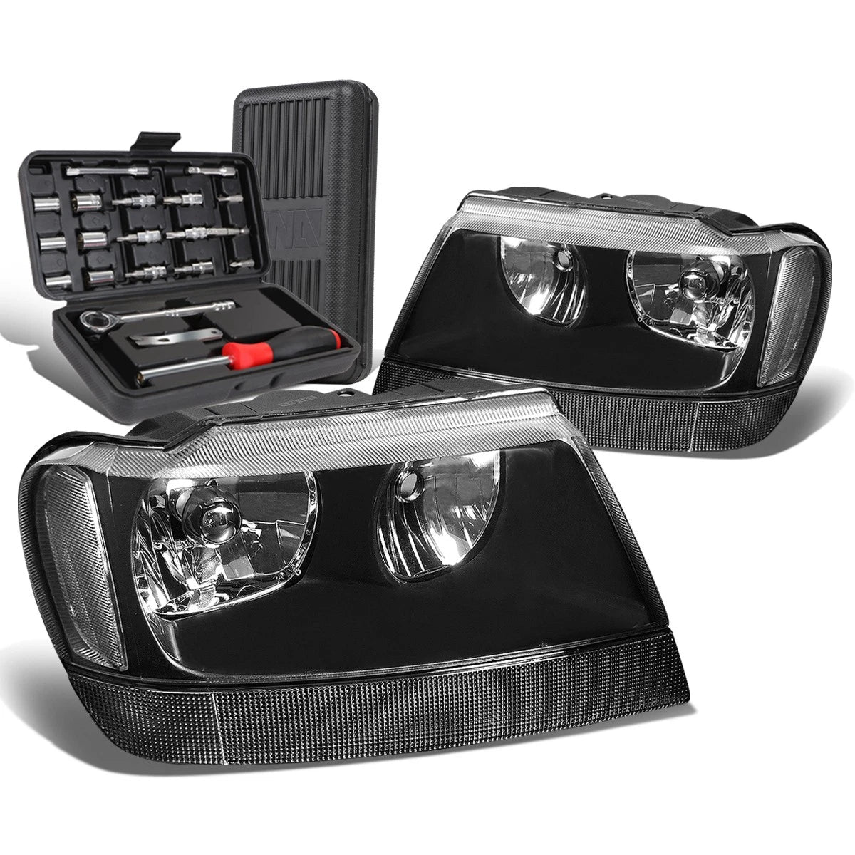 Pair of Black/Clear Signal Headlight Lamps for Jeep Grand Cherokee (1999–2004)