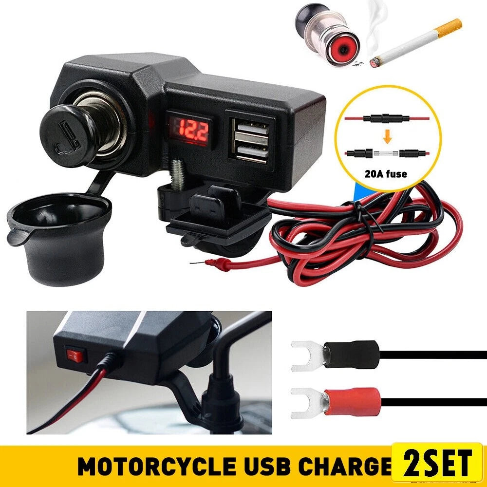 2X Motorcycle Handlebar Socket Dual USB Voltmeter Cigarette Lighter 12V