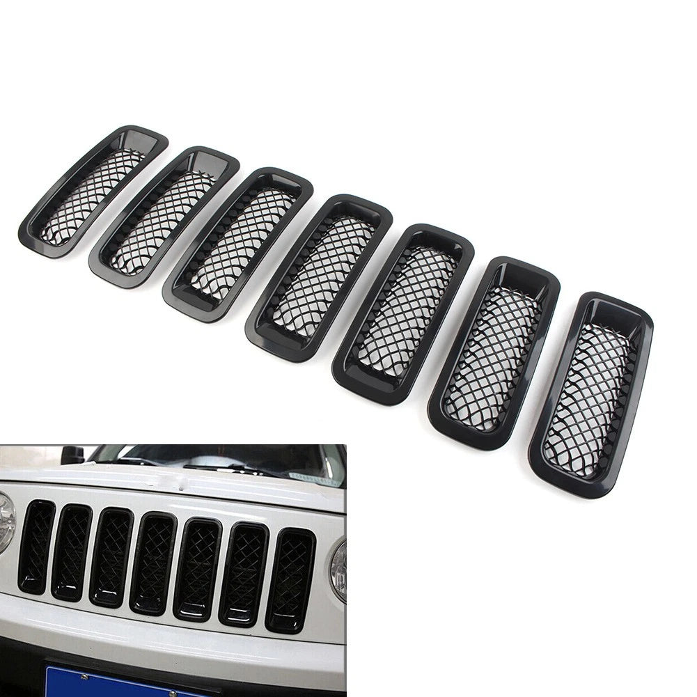 Set of 7 Front Mesh Grille Covers for Jeep Patriot (2011–2017) Gloss Black