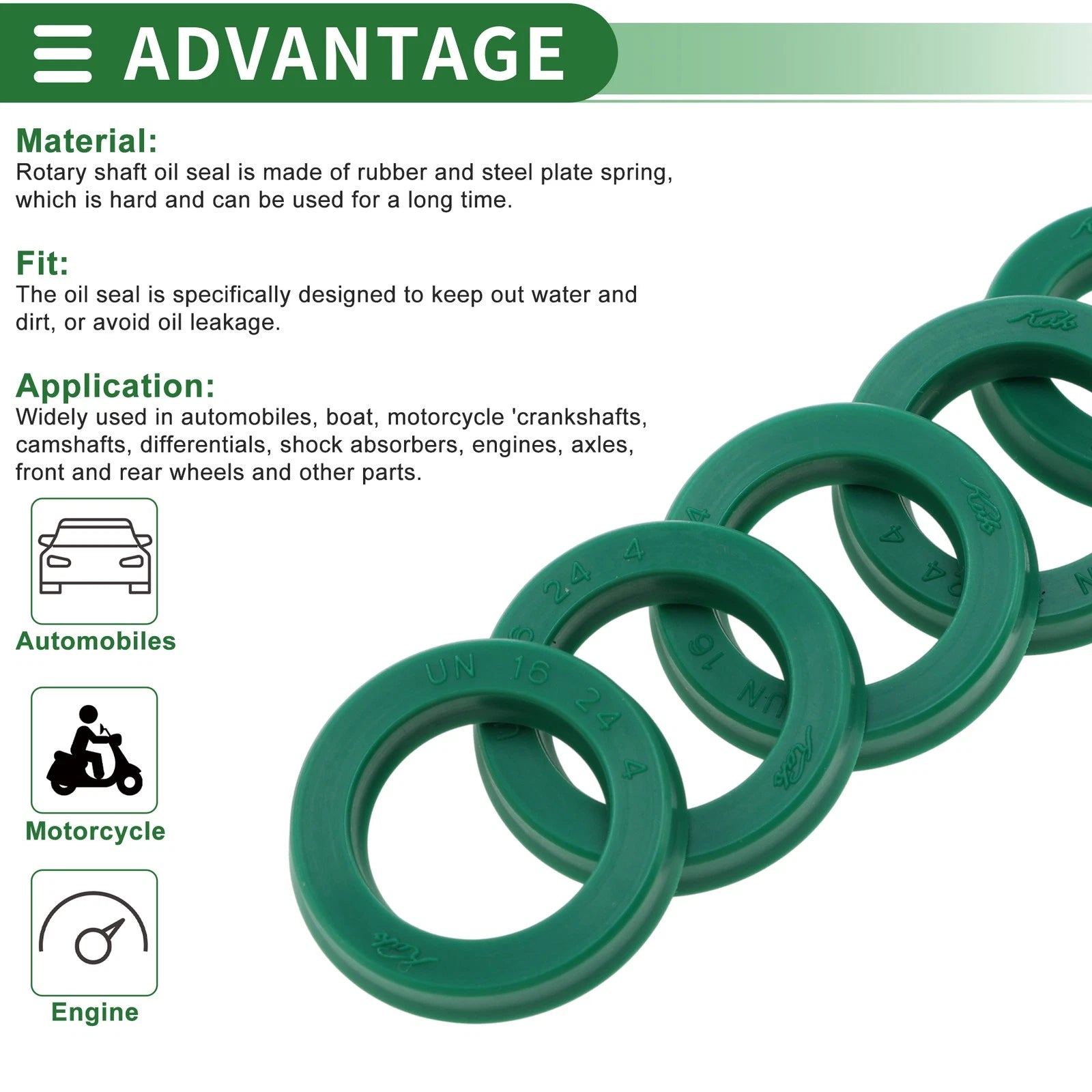 Set of 5 Oil Seal Rotary Shaft Seal 16x24x4mm High Pressure Green