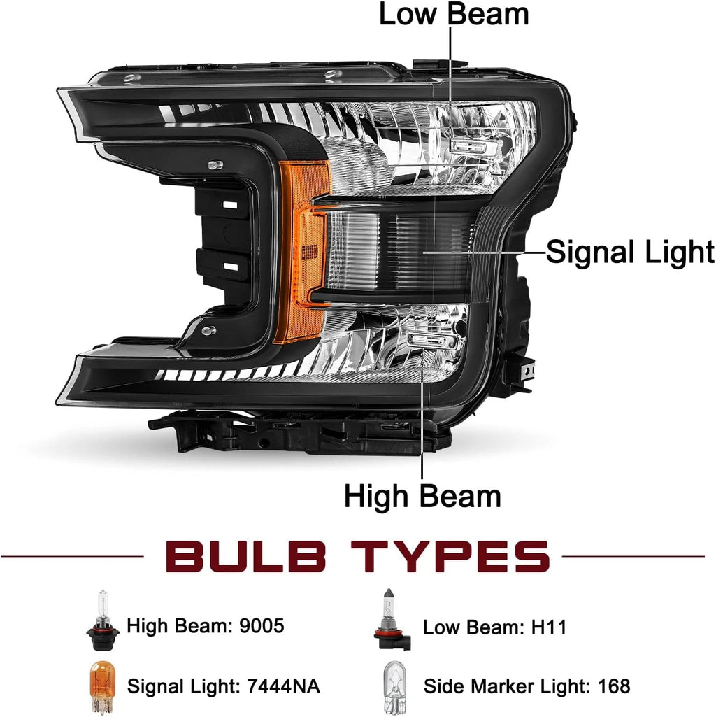 Pair of Headlights for Ford F150 (2018–2020) Halogen Black Clear