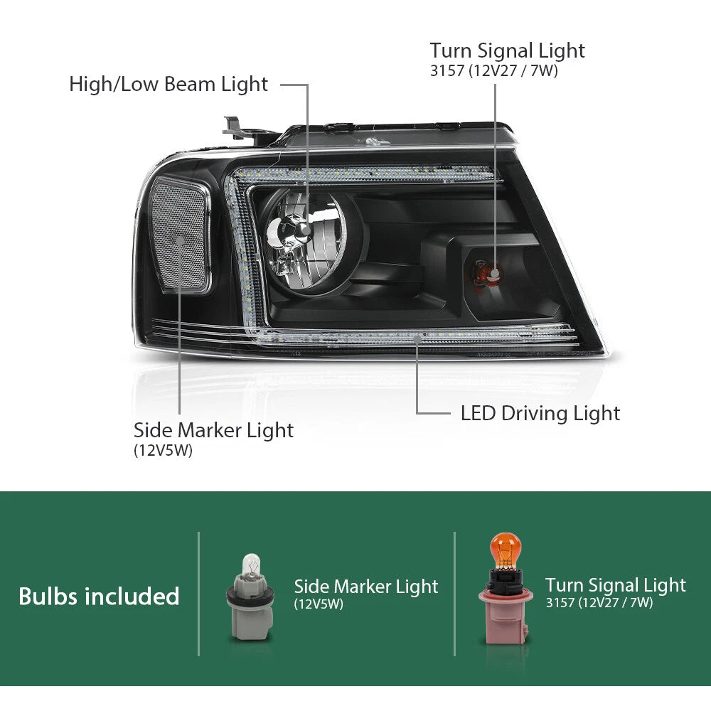 LED DRL Headlights Assembly for Ford F150 Lincoln Mark LT (2004–2008)