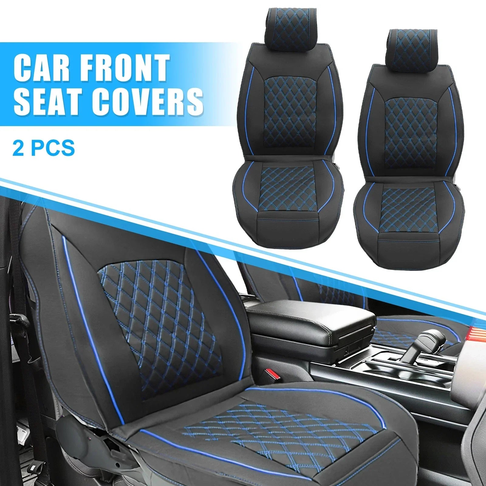 Front Seat Covers for Dodge Ram 2009-2023 Black Blue 2 x Cushion Covers