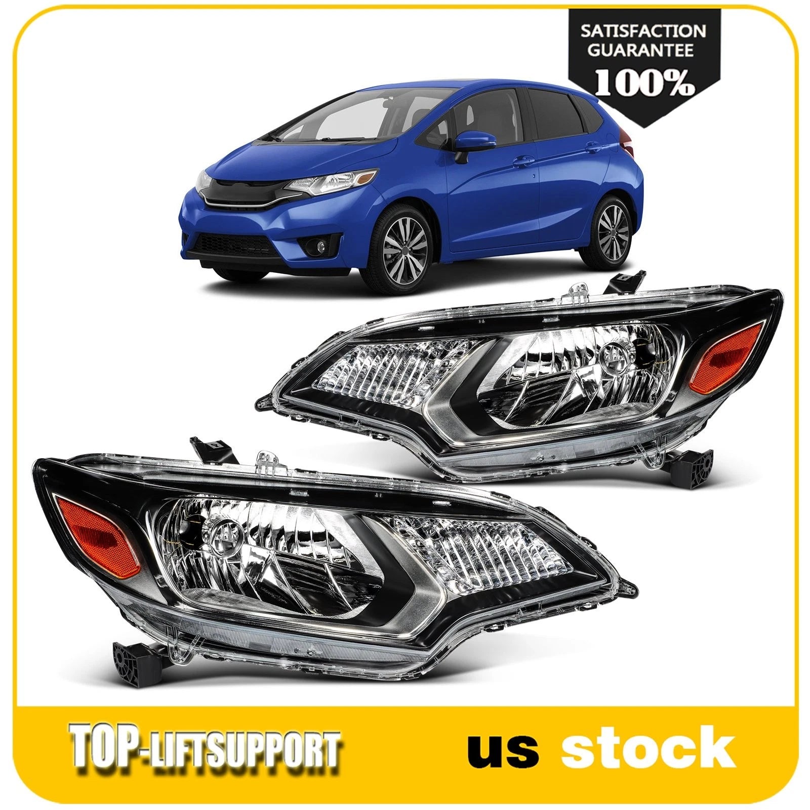 2X Halogen Headlights for Honda Fit (2015–2017) Black Amber