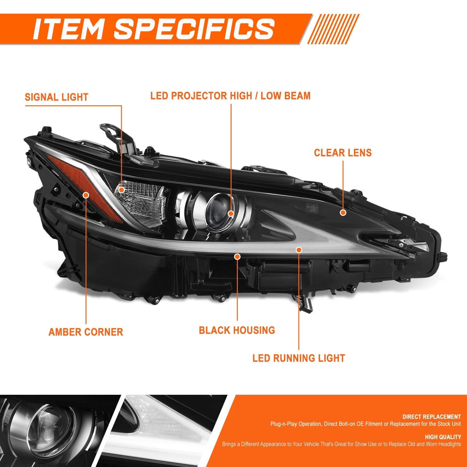 Right Side LED Projector Headlight for Lexus ES300H ES350 (2019–2021)