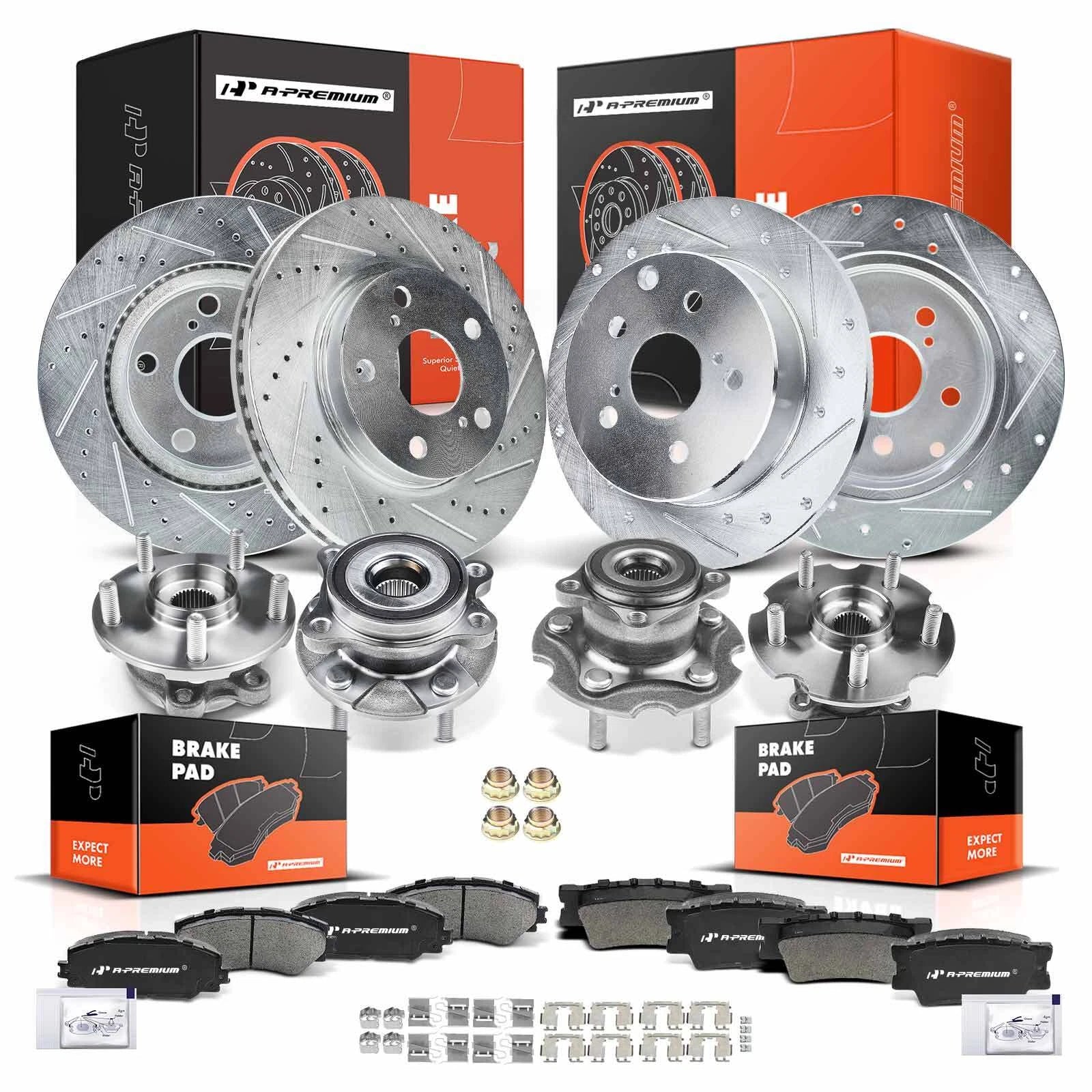 Front & Rear Drilled Rotor, Ceramic Brake Pad & Hub Bearing for Toyota (2001-2004)