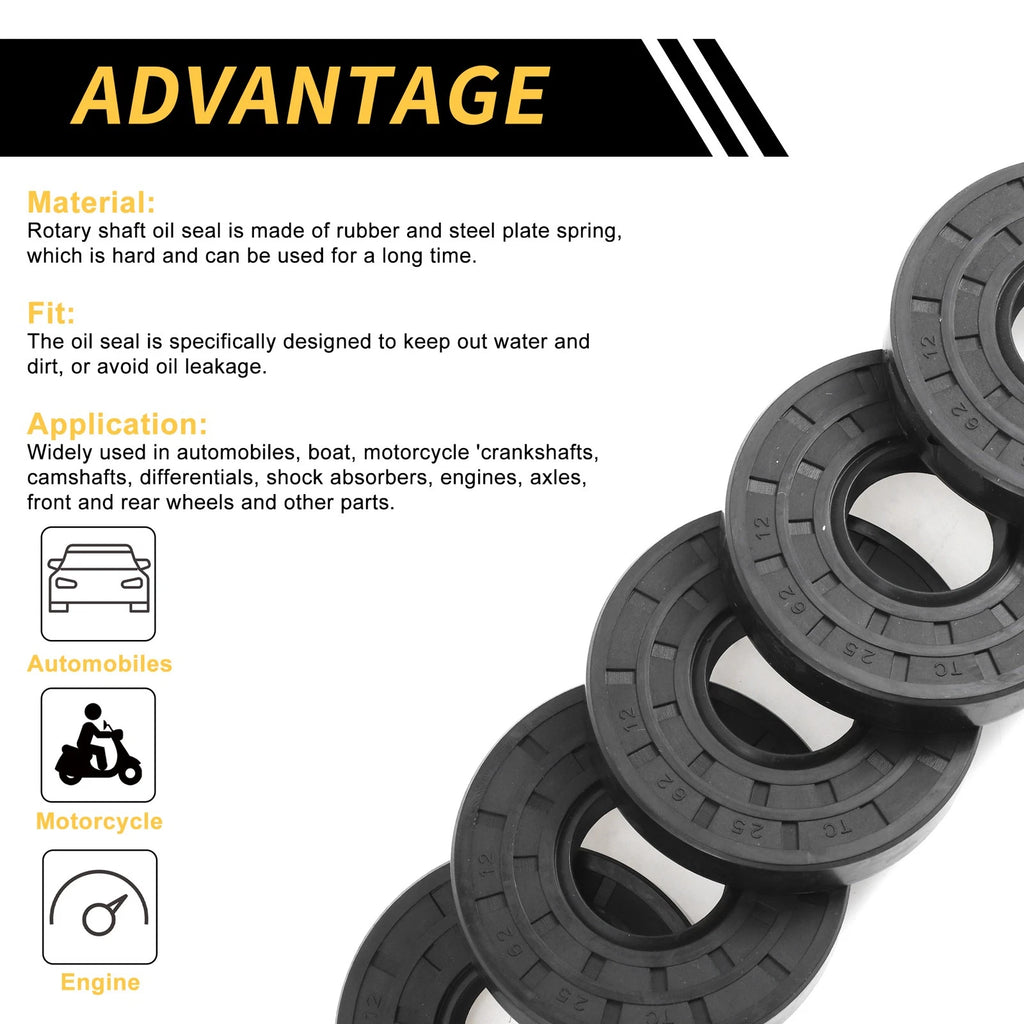 Set of 5 Oil Seal Rotary Shaft Seal NBR Rubber 25x62x12mm