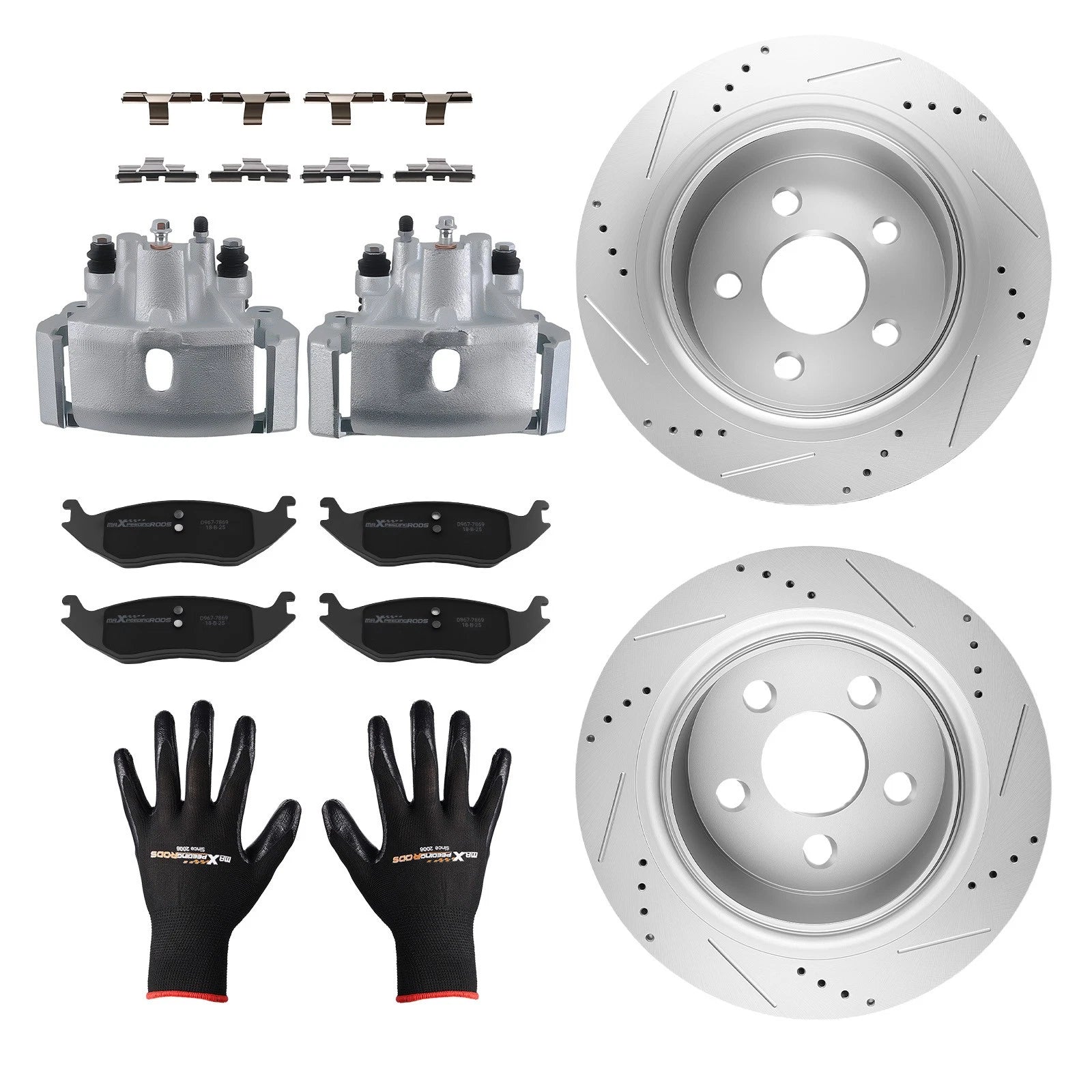Set of 4 Rear Drilled Rotors with Brake Calipers & Pads for Dodge Ram 1500 (2005–2010) 18-B4836