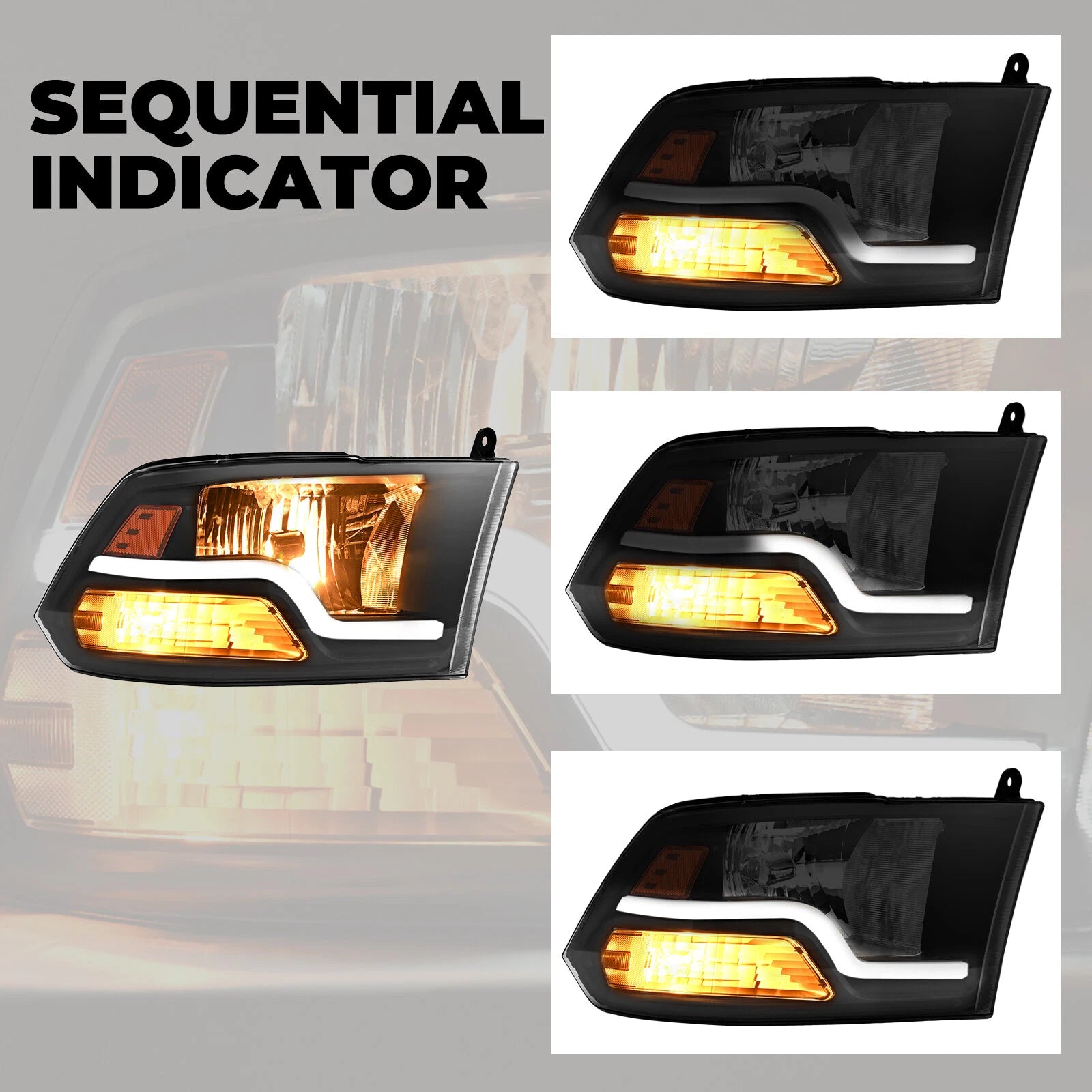 Sequential LED DRL Black Headlights for Dodge Ram 1500 2500 3500 (2009-2018)