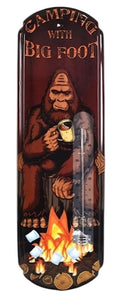 Camping with Bigfoot Vintage Thermometer Sign - Embossed Metal