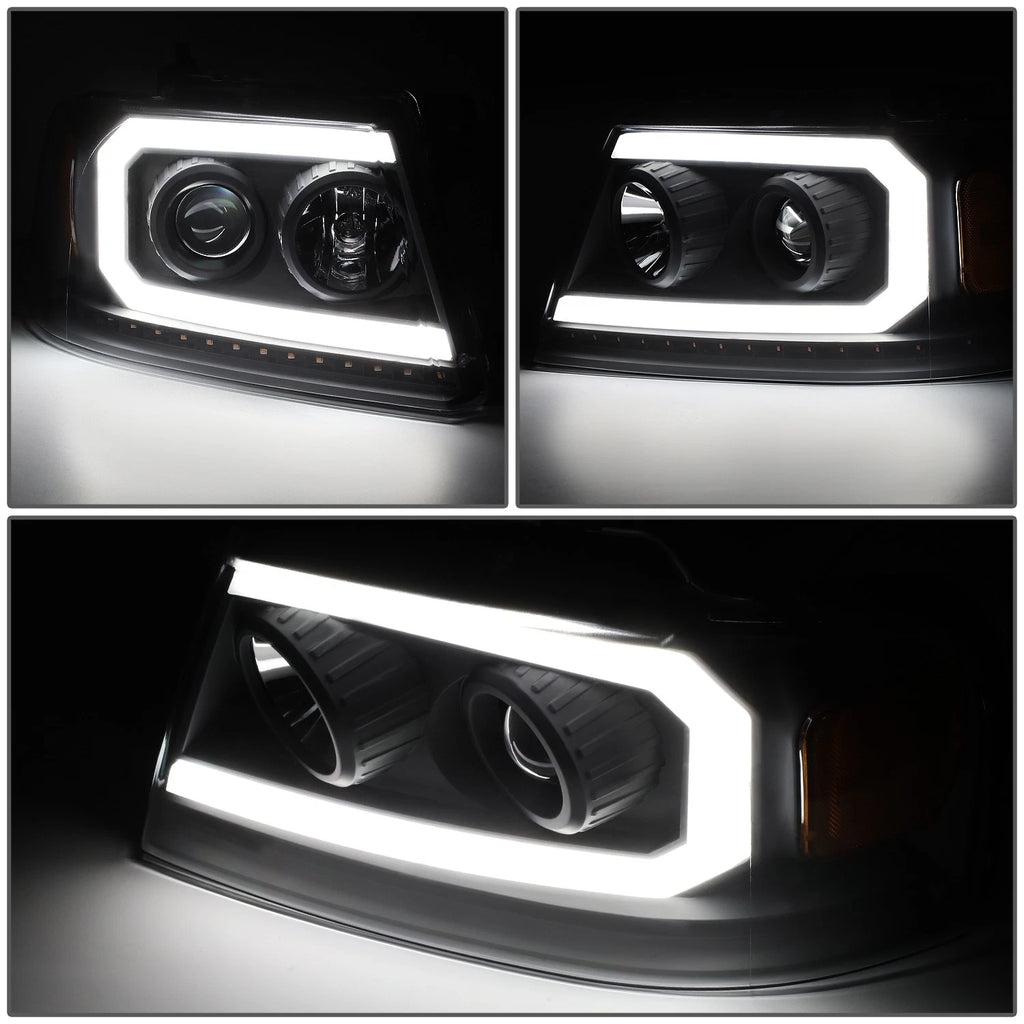 Set of 2 Black/Amber LED DRL Sequential Signal Projector Headlights for Ford F150 (2004–2008)
