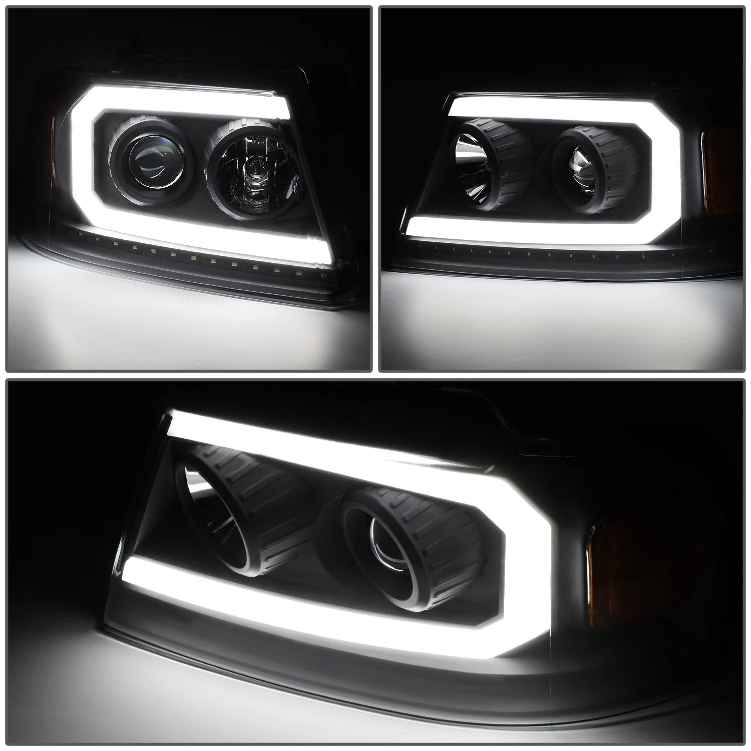 Set of 2 Black/Amber LED DRL Sequential Signal Projector Headlights for Ford F150 (2004–2008)